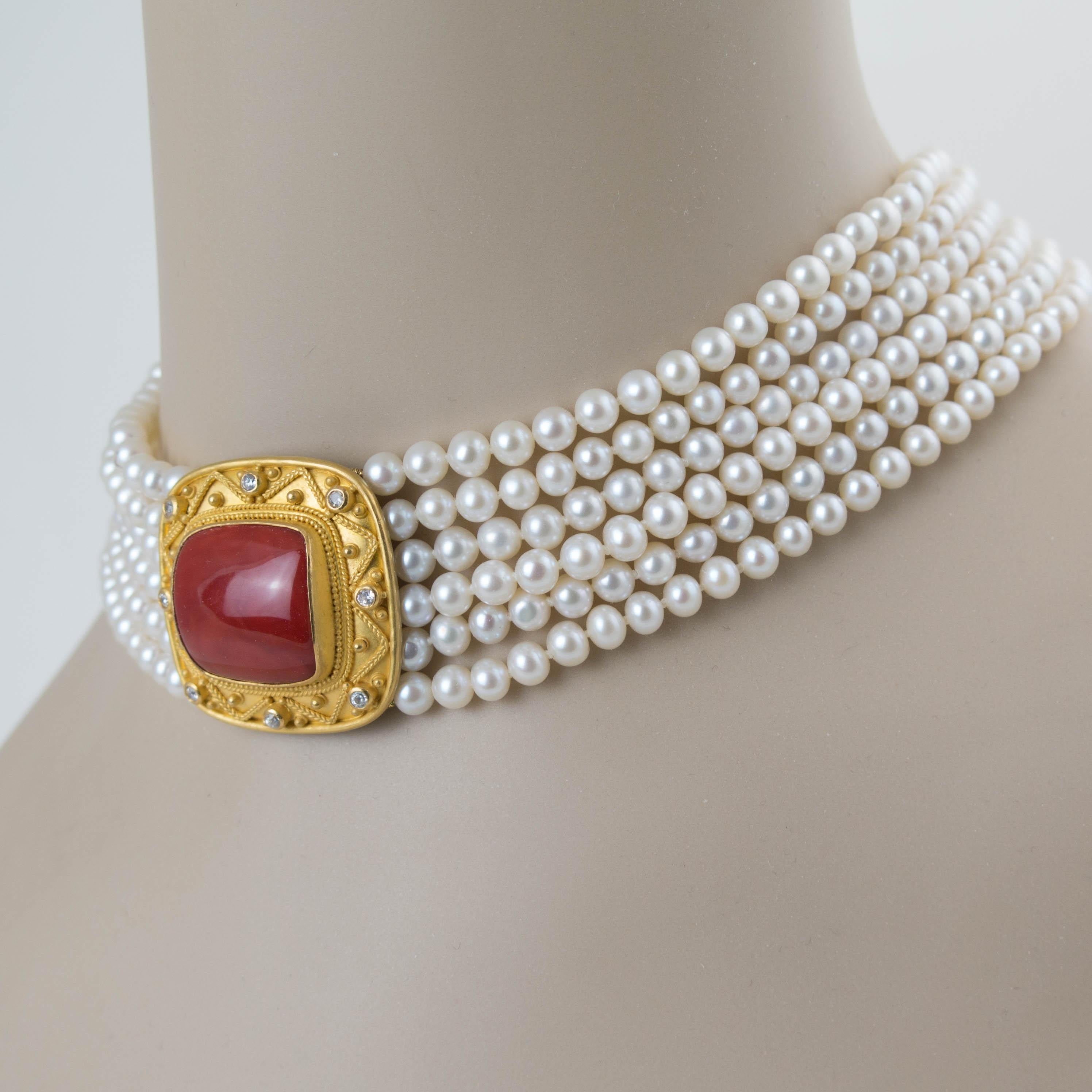 Carolyn Tyler 'Corinna Choker' White Pearl and Red Coral Necklace in 22k Gold For Sale 5