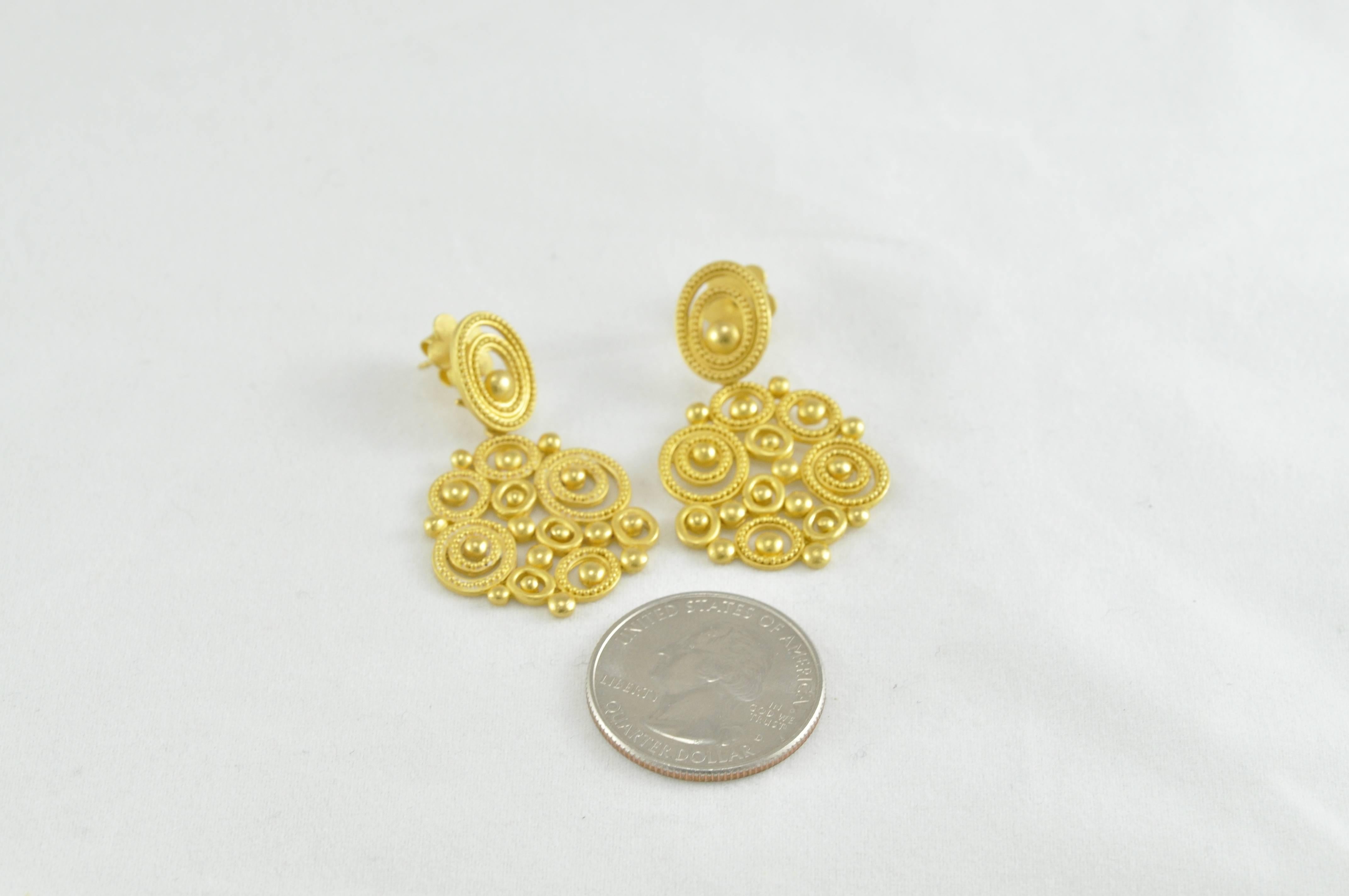 Carolyn Tyler Dune; Chandelier Gold Earrings. For pierced ears.  22k Gold Earrings with intricate, detailed beading work.  