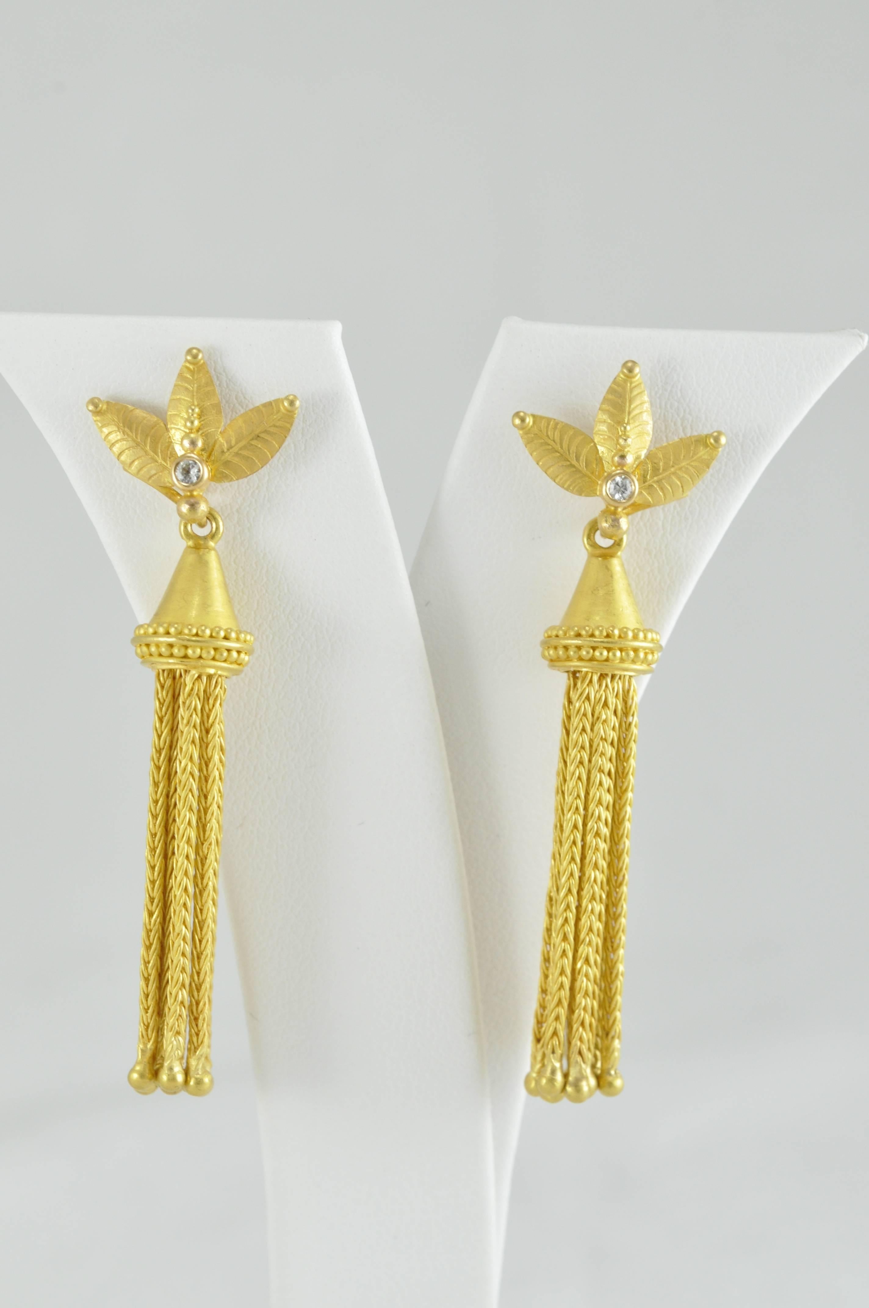 Carolyn Tyler Gold Tassel Drop Earrings with Slice Earring Tops.  The bottoms are granulated 22k gold and gold weave and the tops are 18k Gold.  Bottoms can be removed and other drops can be put on the tops  Made for pierced ears..  