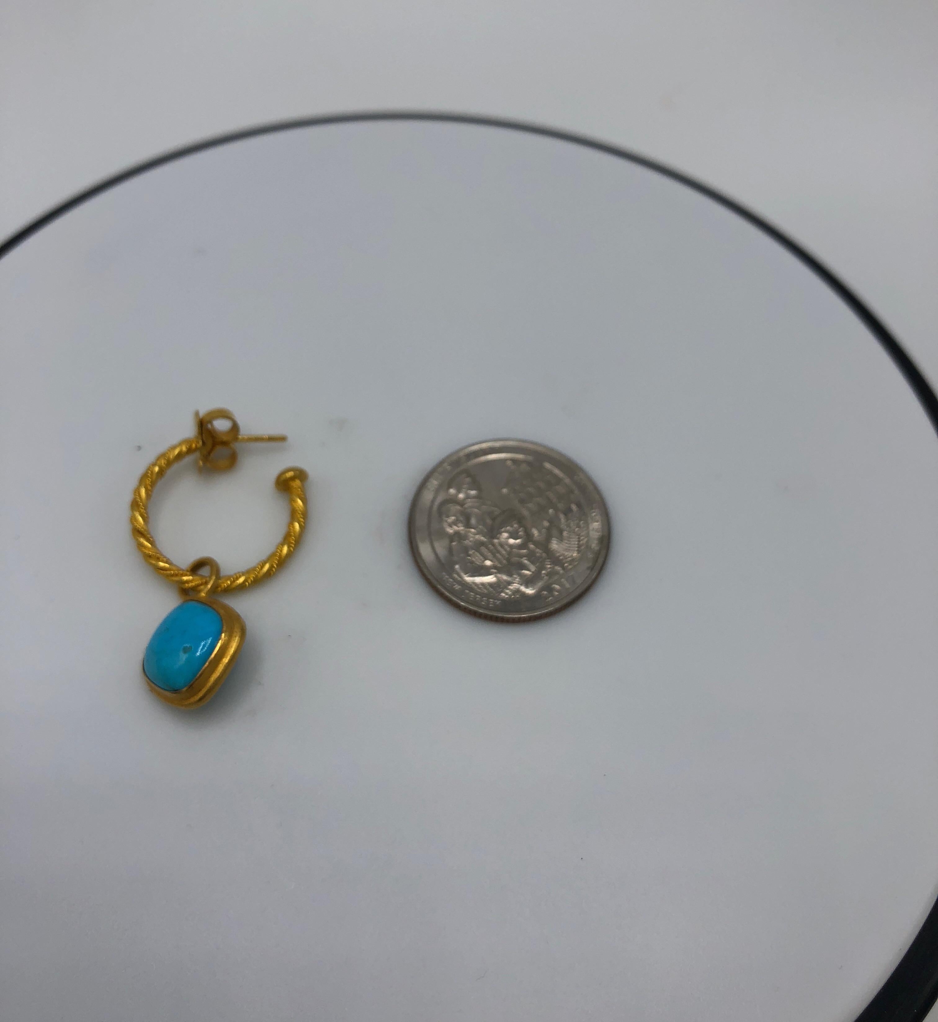 Carolyn Tyler Yellow Glitter Hoops with Turquoise Cushion Cut Diagonal Drops In New Condition In Dallas, TX