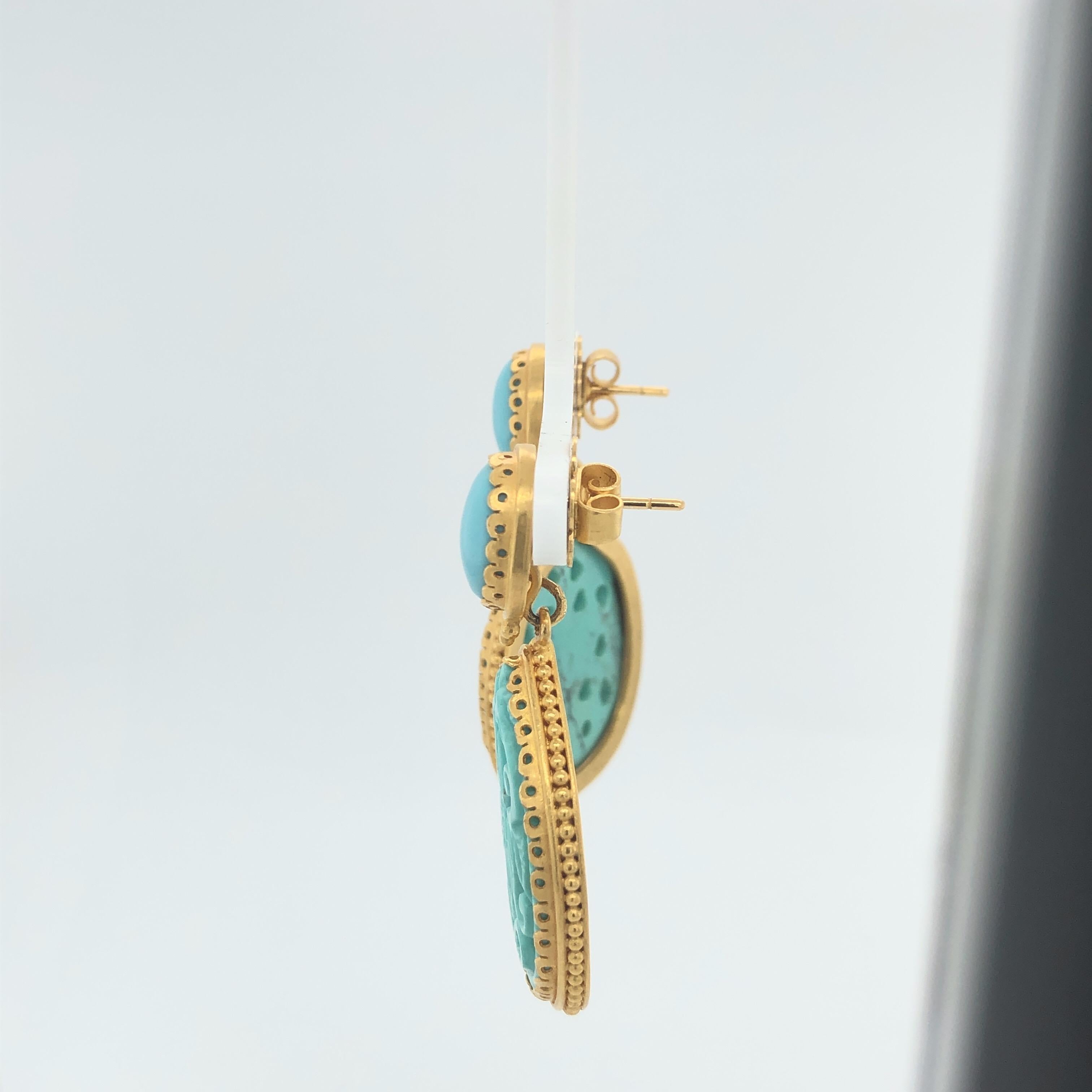 Artisan Carolyn Tyler Yellow Gold and Turquoise Dangle Drop Earrings