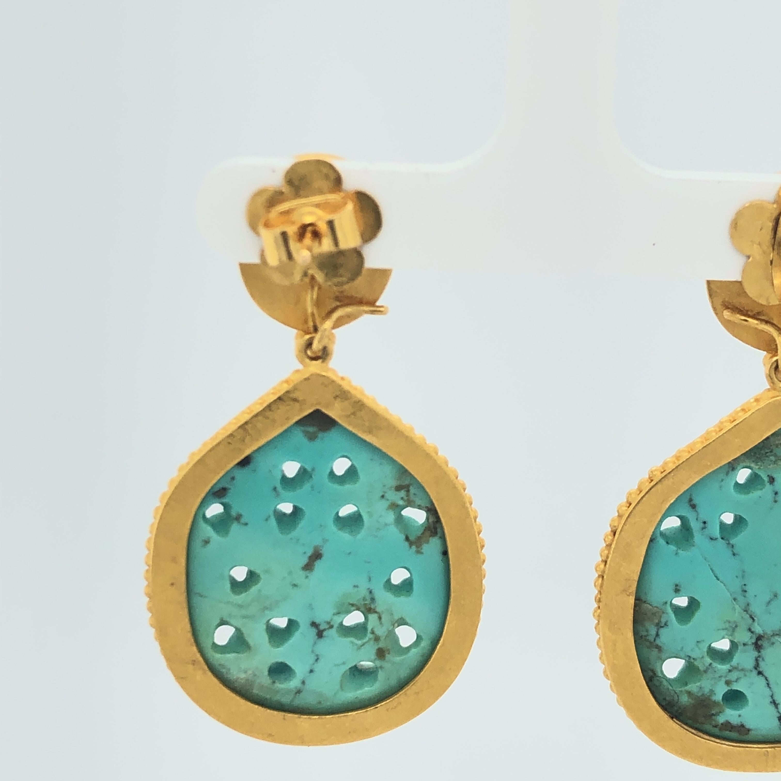 Oval Cut Carolyn Tyler Yellow Gold and Turquoise Dangle Drop Earrings