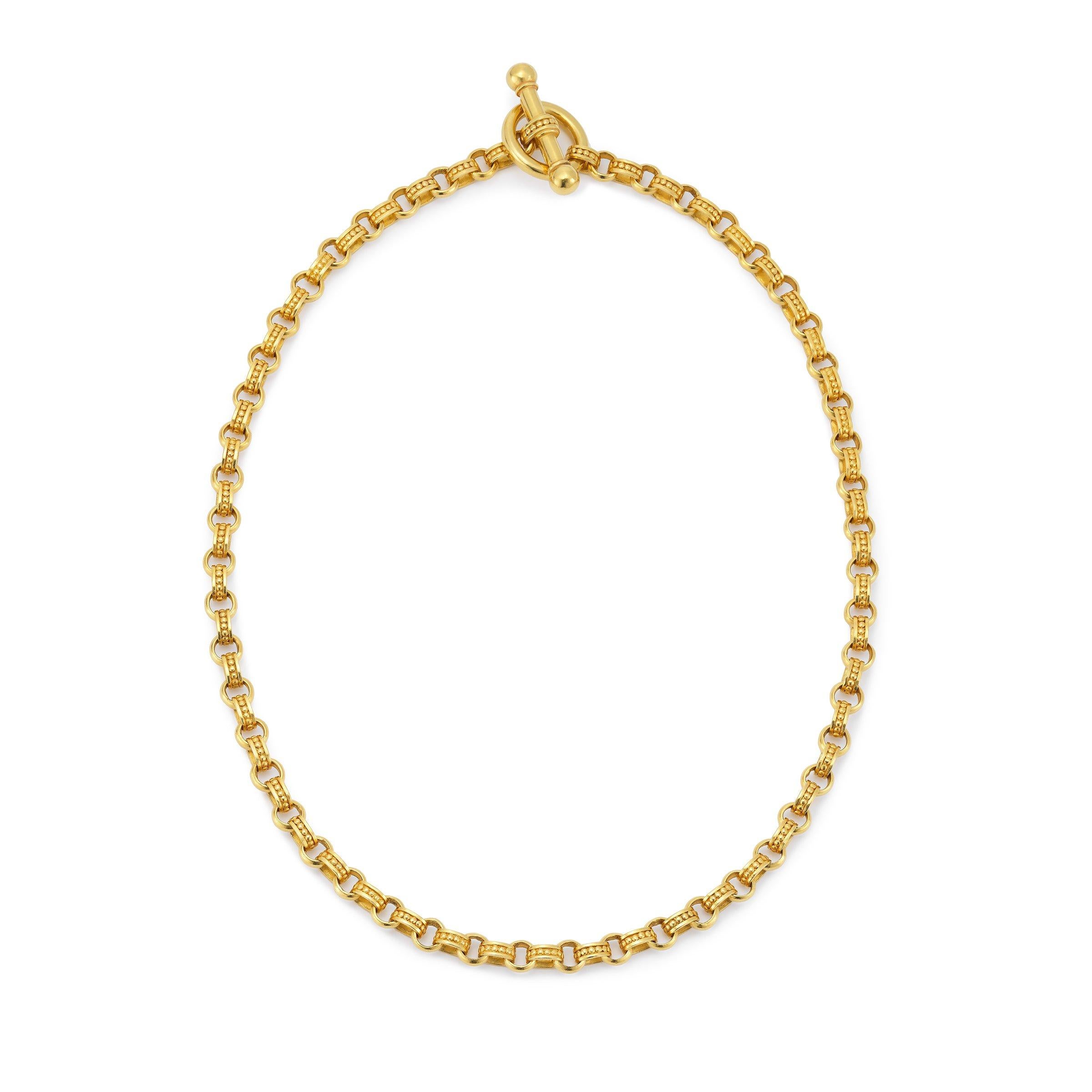 Carolyn Tyler 18K Gold Link Lariat Chain with granulated links.  Made in Bali by fine craftsmen who have passed the granulation techniques down from generation to generation.  This beautiful necklace has a toggle clasp which can be worn as a