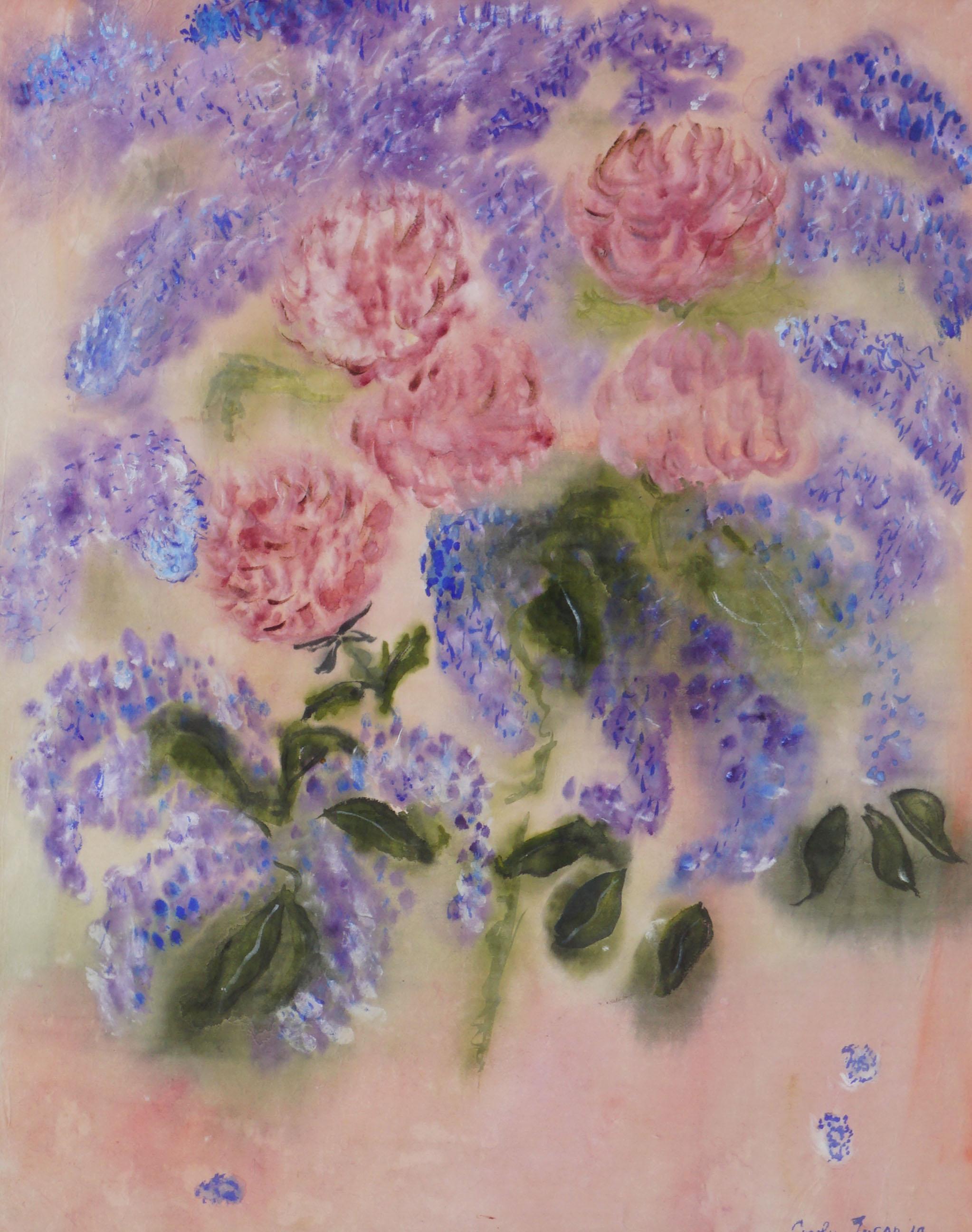 Nature morte florale mi-siècle lilas et pivoines, rose et violette - Art de Carolyn Tyson
