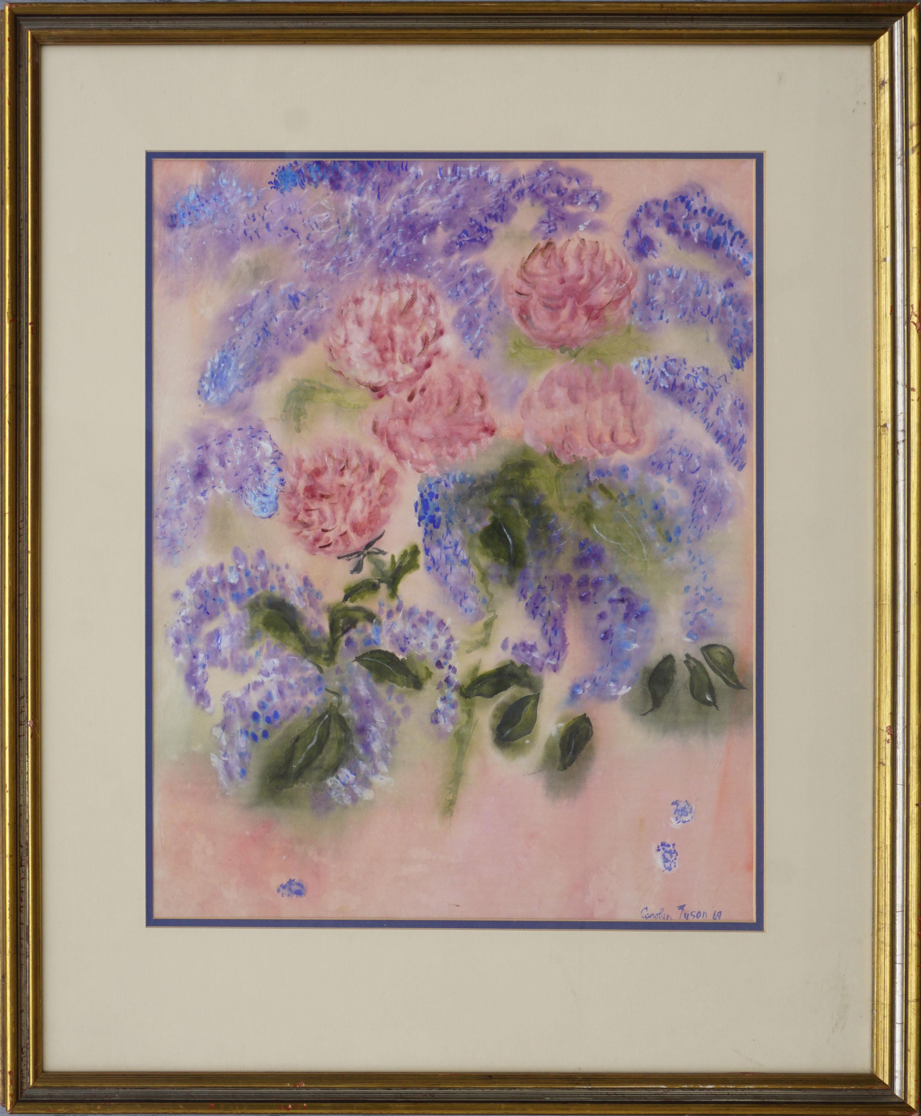 Lilacs and Peonies, Mid Century Floral Still-Life with Pink & Purple