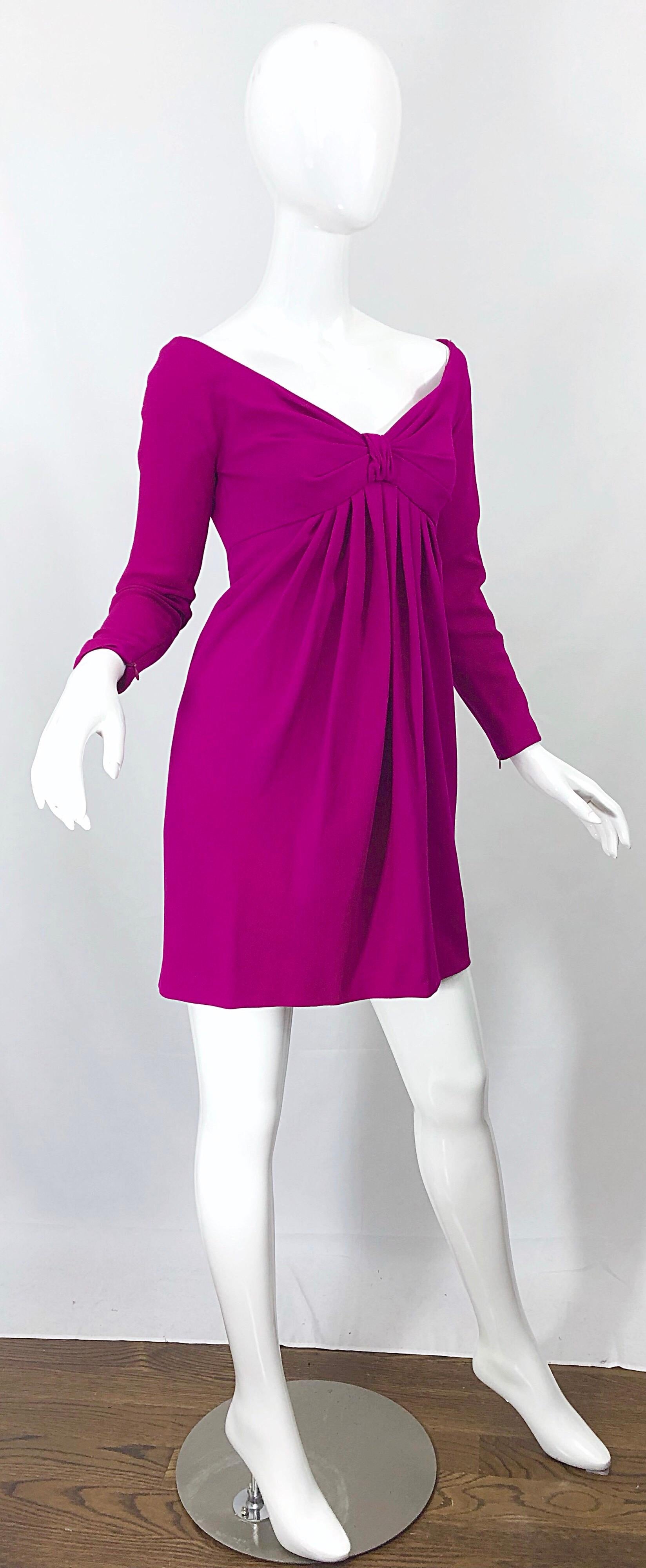 Carolyne Roehm 1990s Fuchsia Hot Pink Wool Vintage 90s Mini Empire Dress For Sale 5