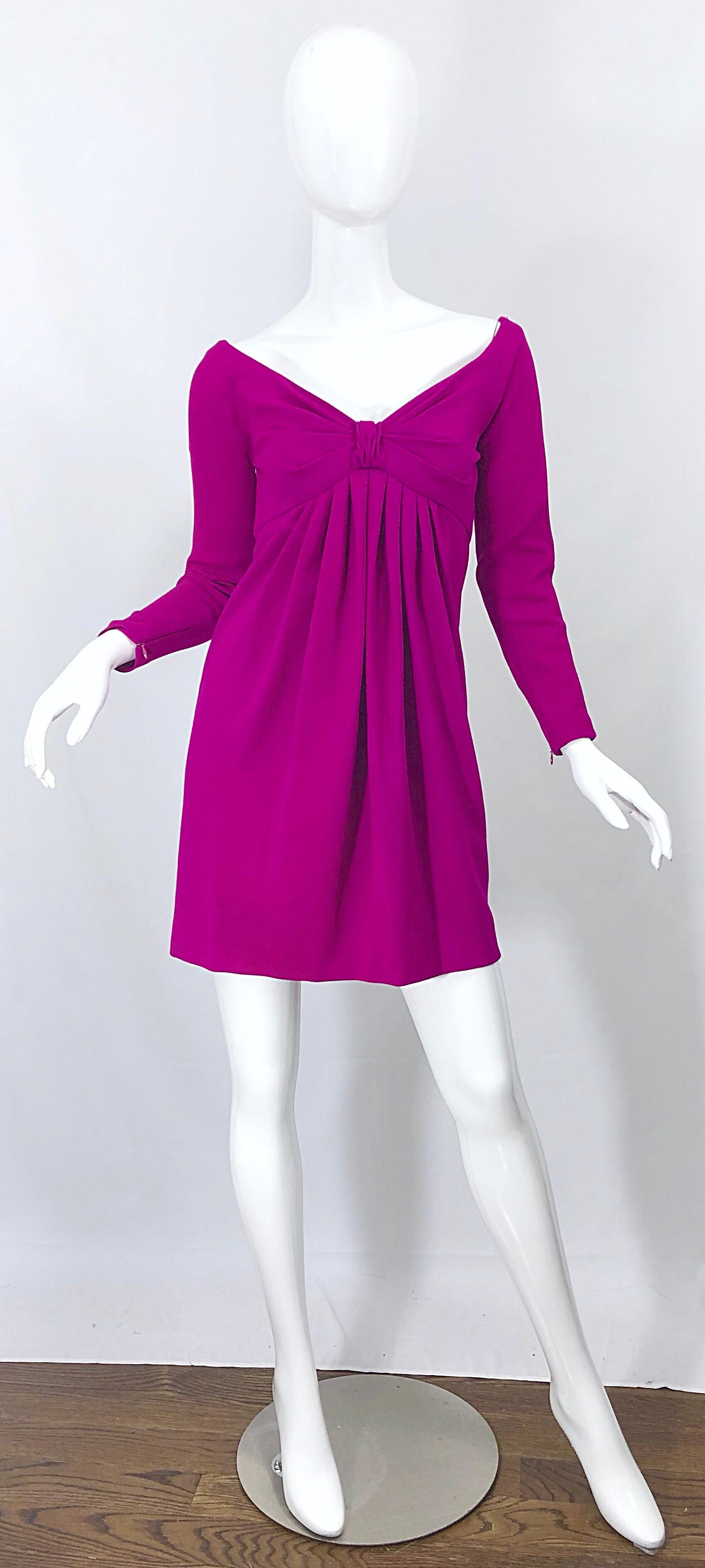 Chic vintage 90s CAROLYNE ROEHM for NEIMAN MARCUS fuchsia / hot pink long sleeve virgin wool mini empire dress! Sits slightly off the shoulder that exposes just the right amount of arms and neck. Features a fitted bodice with a forgiving empire