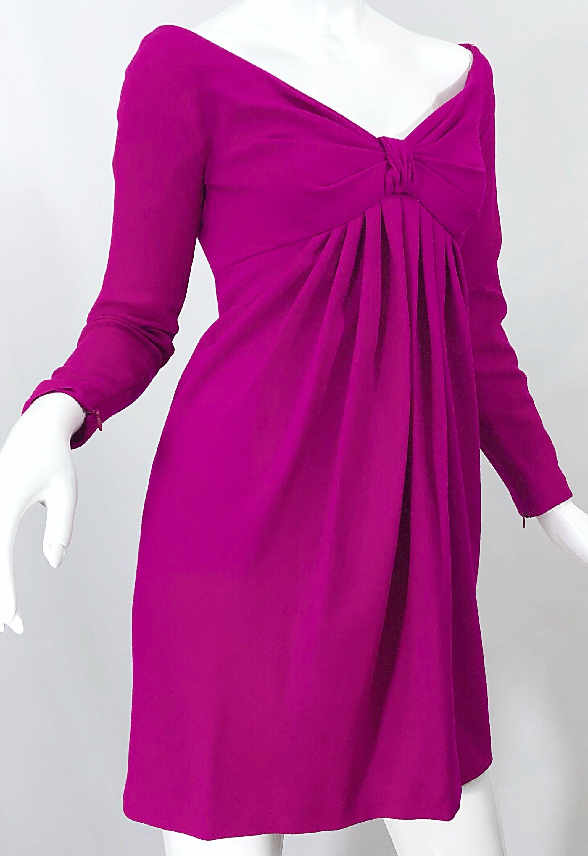 Carolyne Roehm 1990s Fuchsia Hot Pink Wool Vintage 90s Mini Empire Dress For Sale 2