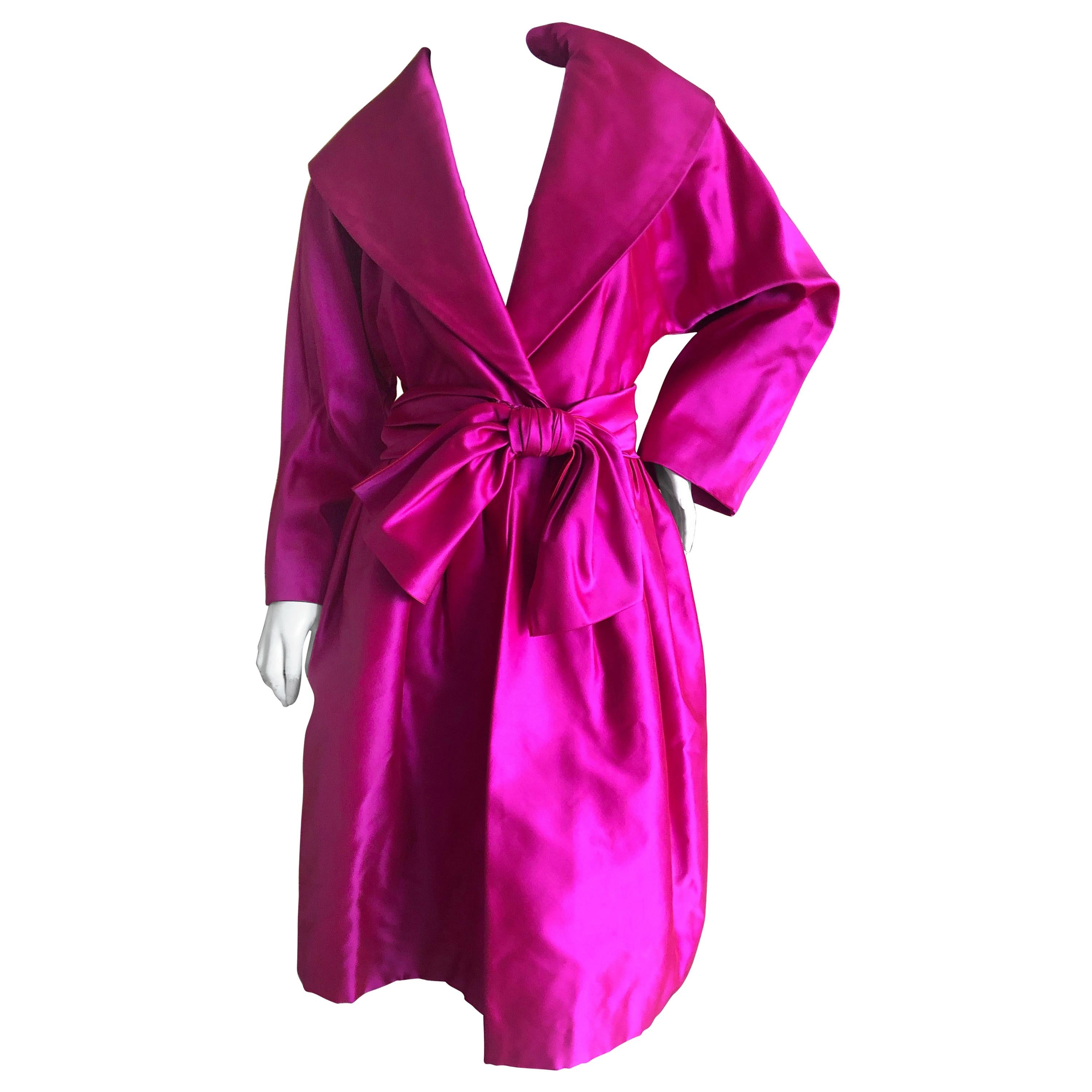 Carolyne Roehm Bergdorf Goodman Fuchsia Silk Faille Opera Coat or Dress w Belt For Sale