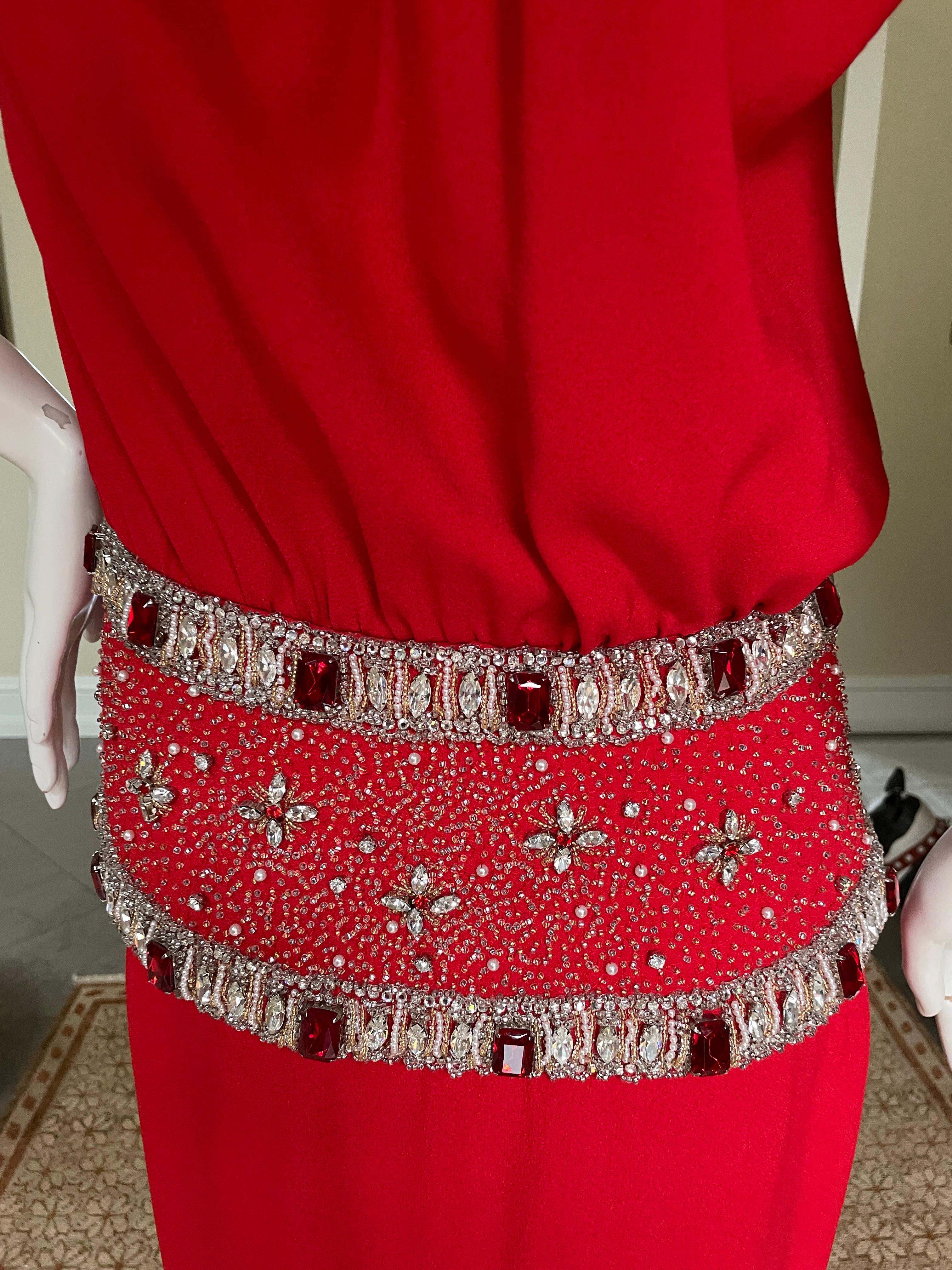 Carolyne Roehm Red Column Evening Dress with Jewel Embellished Waist and Collar  For Sale 5