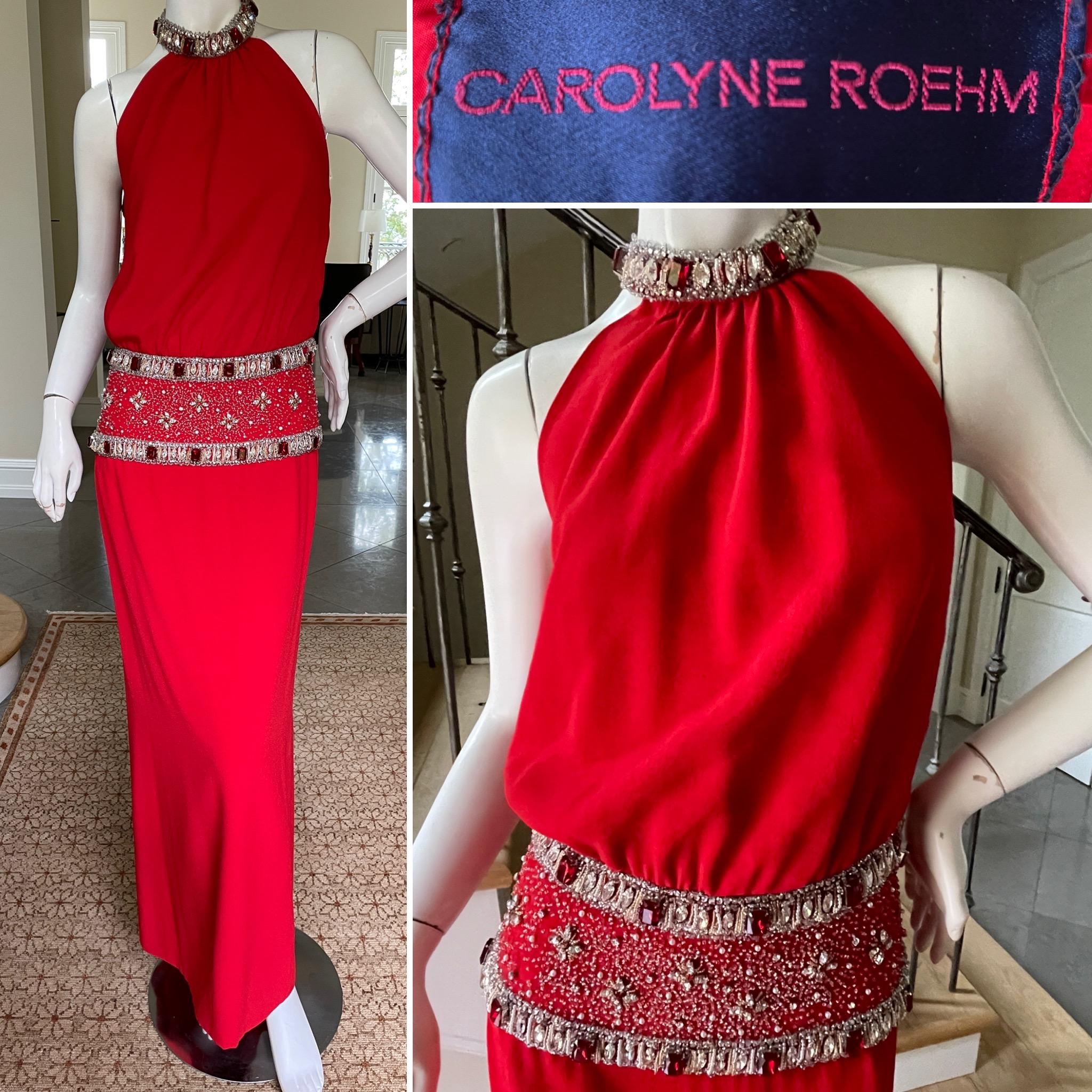 Carolyne Roehm Red Column Evening Dress with Jewel Embellished Waist and Collar 
So beautiful, much prettier in person.
This is exquisite.
Size 8 vintage, 6 today
 Bust 38