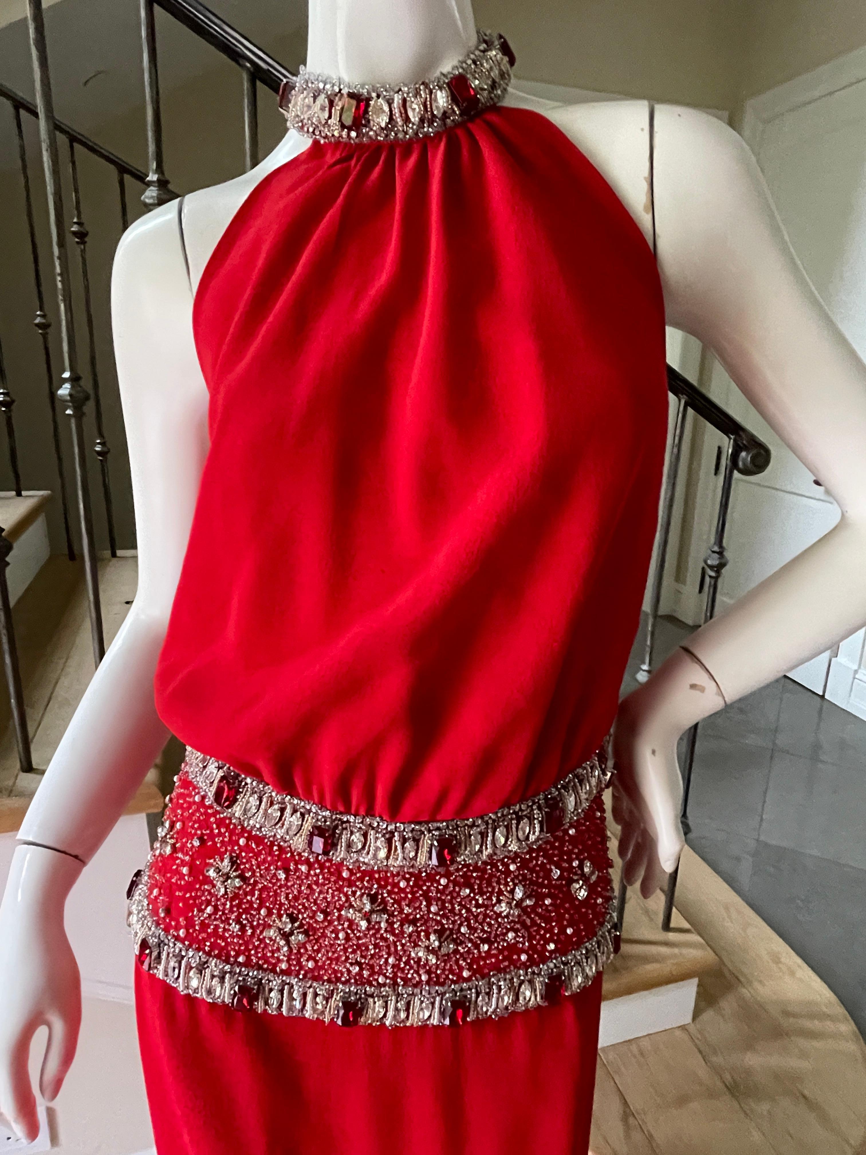 Carolyne Roehm Red Column Evening Dress with Jewel Embellished Waist and Collar  In Excellent Condition For Sale In Cloverdale, CA
