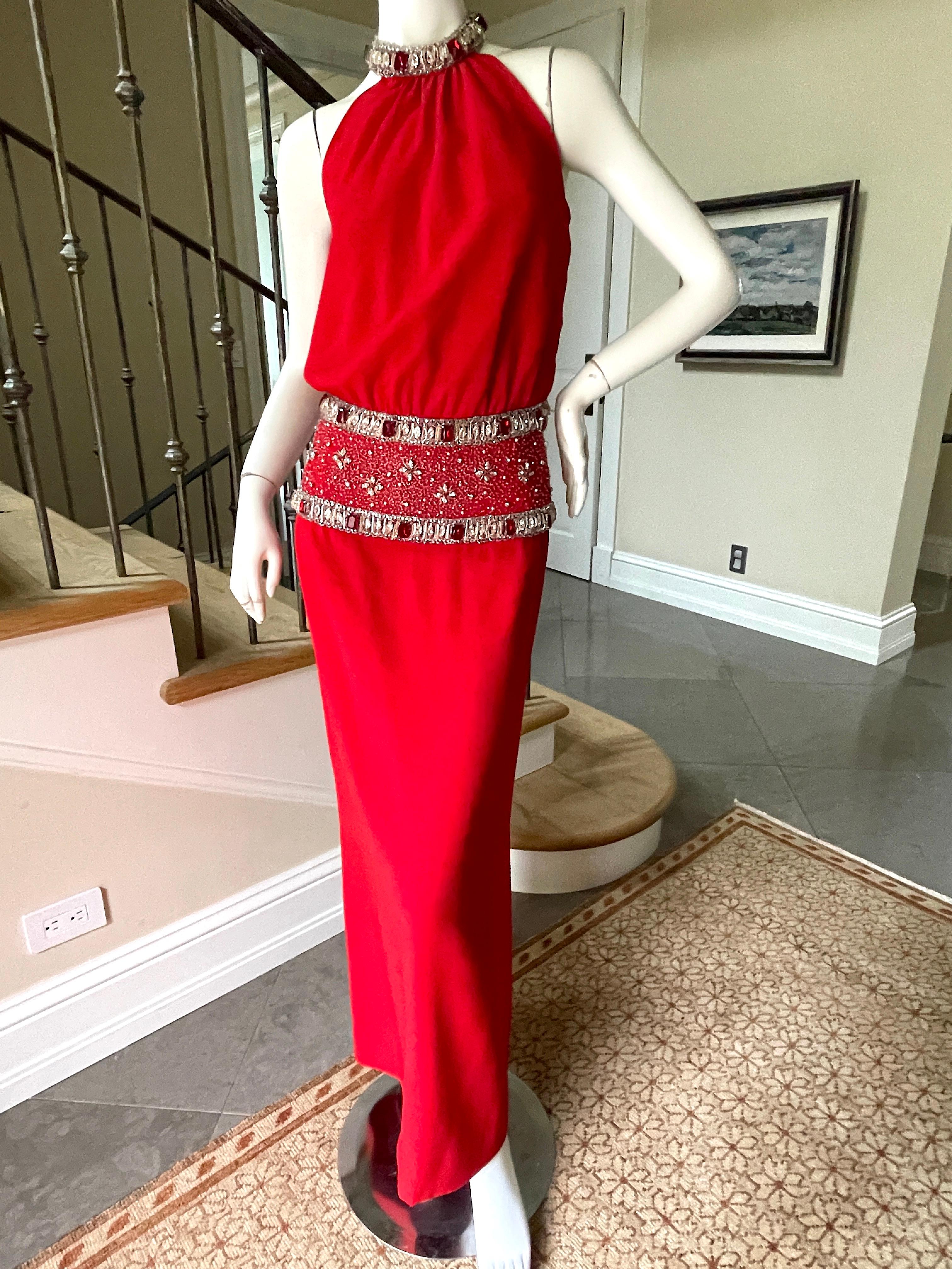 Carolyne Roehm Red Column Evening Dress with Jewel Embellished Waist and Collar  For Sale 2