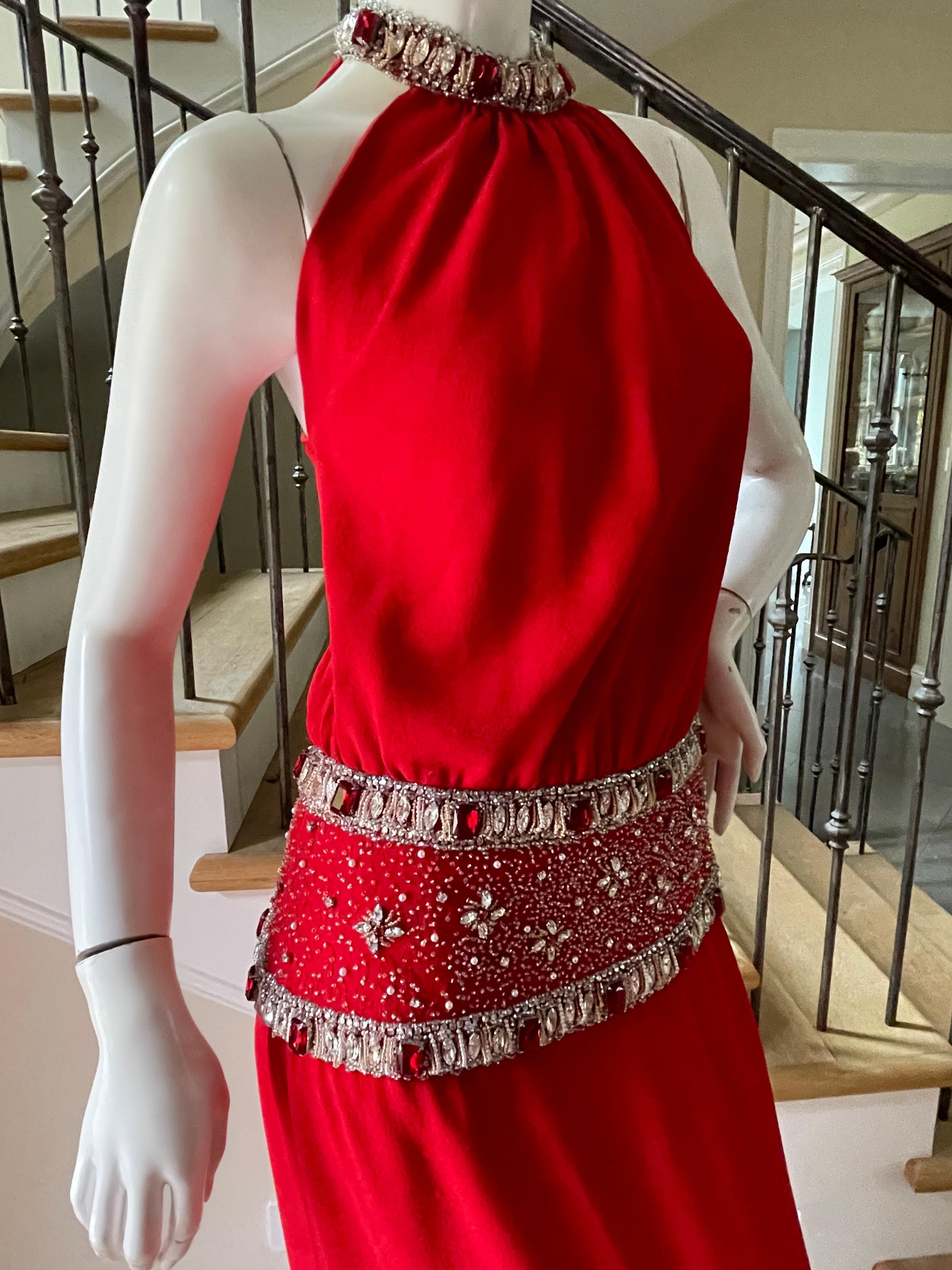 Carolyne Roehm Red Column Evening Dress with Jewel Embellished Waist and Collar  For Sale 3