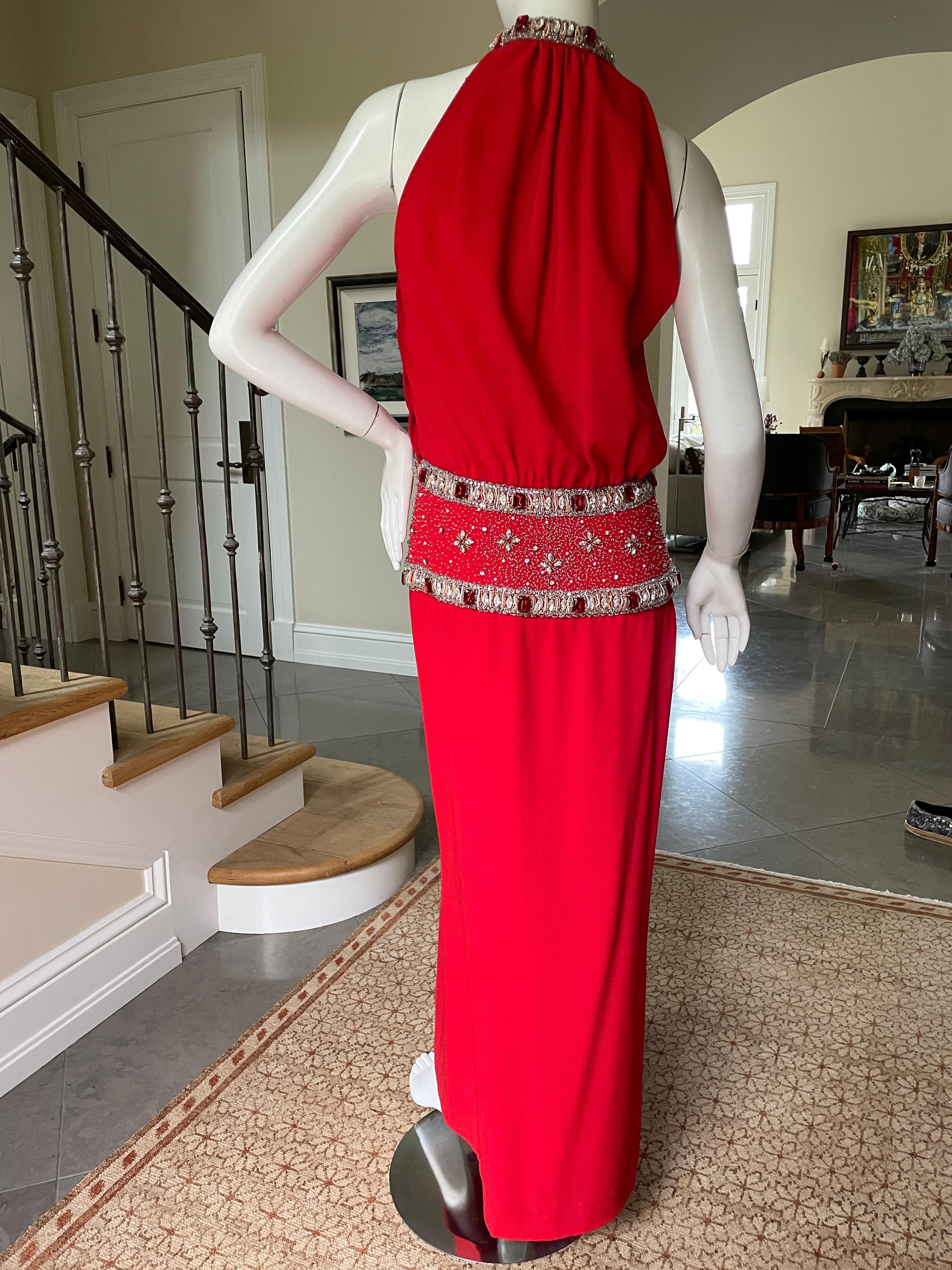 Carolyne Roehm Red Column Evening Dress with Jewel Embellished Waist and Collar  For Sale 4