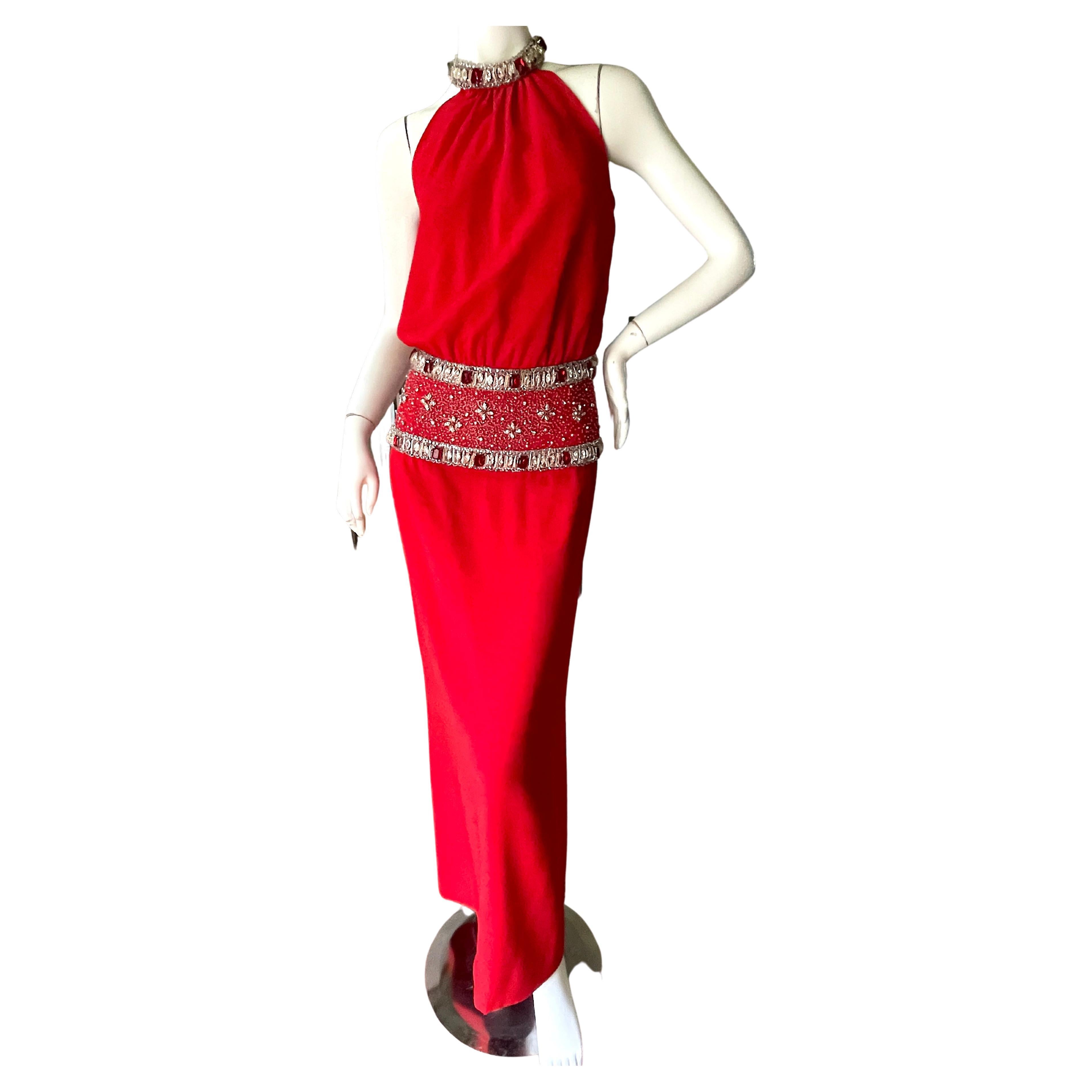 Carolyne Roehm Red Column Evening Dress with Jewel Embellished Waist and Collar  For Sale