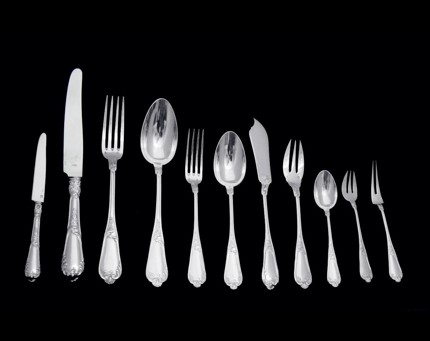 Direct from Paris, A Magnificent 197 Piece, 19th Century, Louis XVI Model, Sterling Silver Flatware Set with 8 Serving Pieces and 10 Covered Individual Anti-Tarnish Storage Trays by Renowned French Silversmiths 