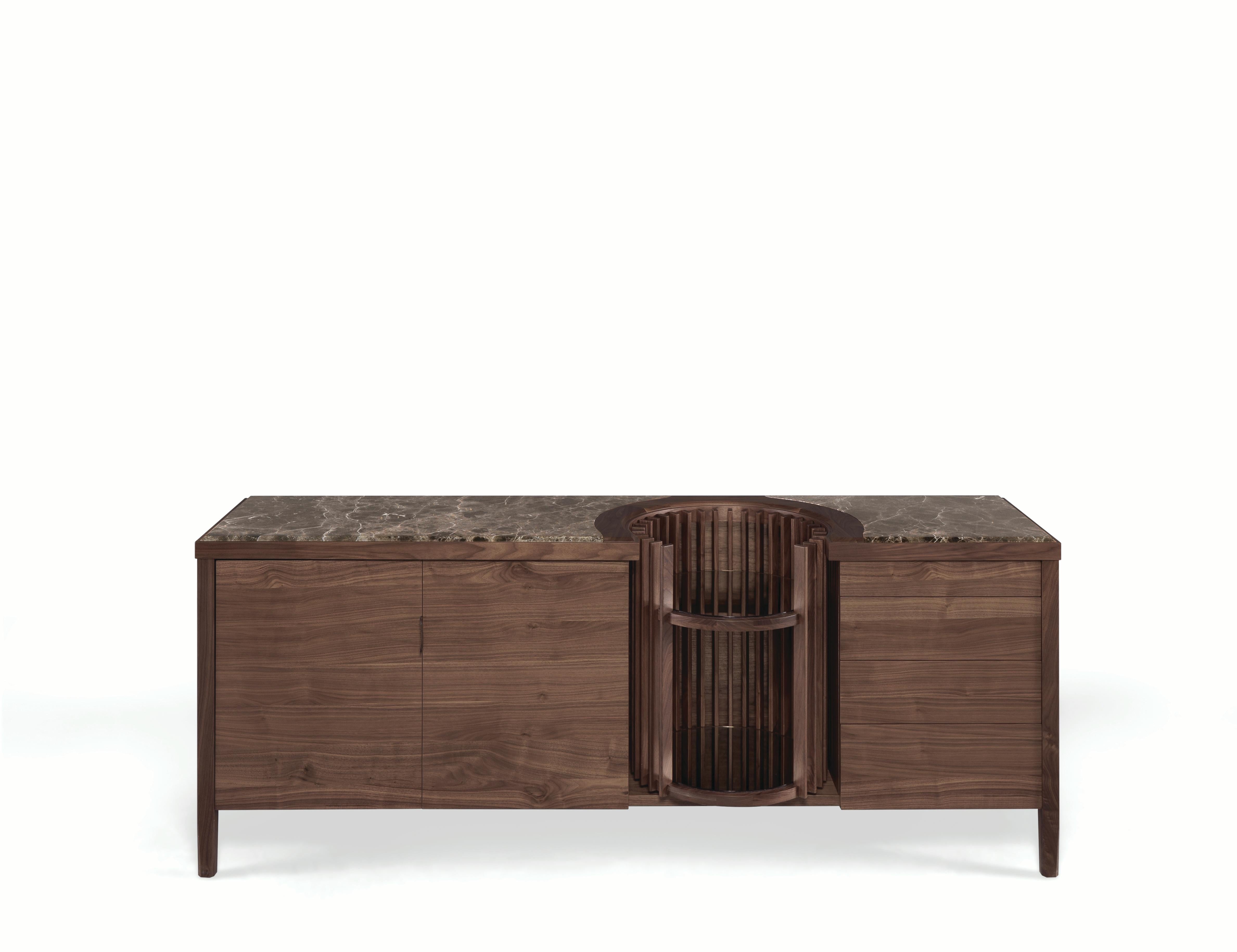 Scandinavian Modern Walnut and Marble Sideboard Credenza For Sale