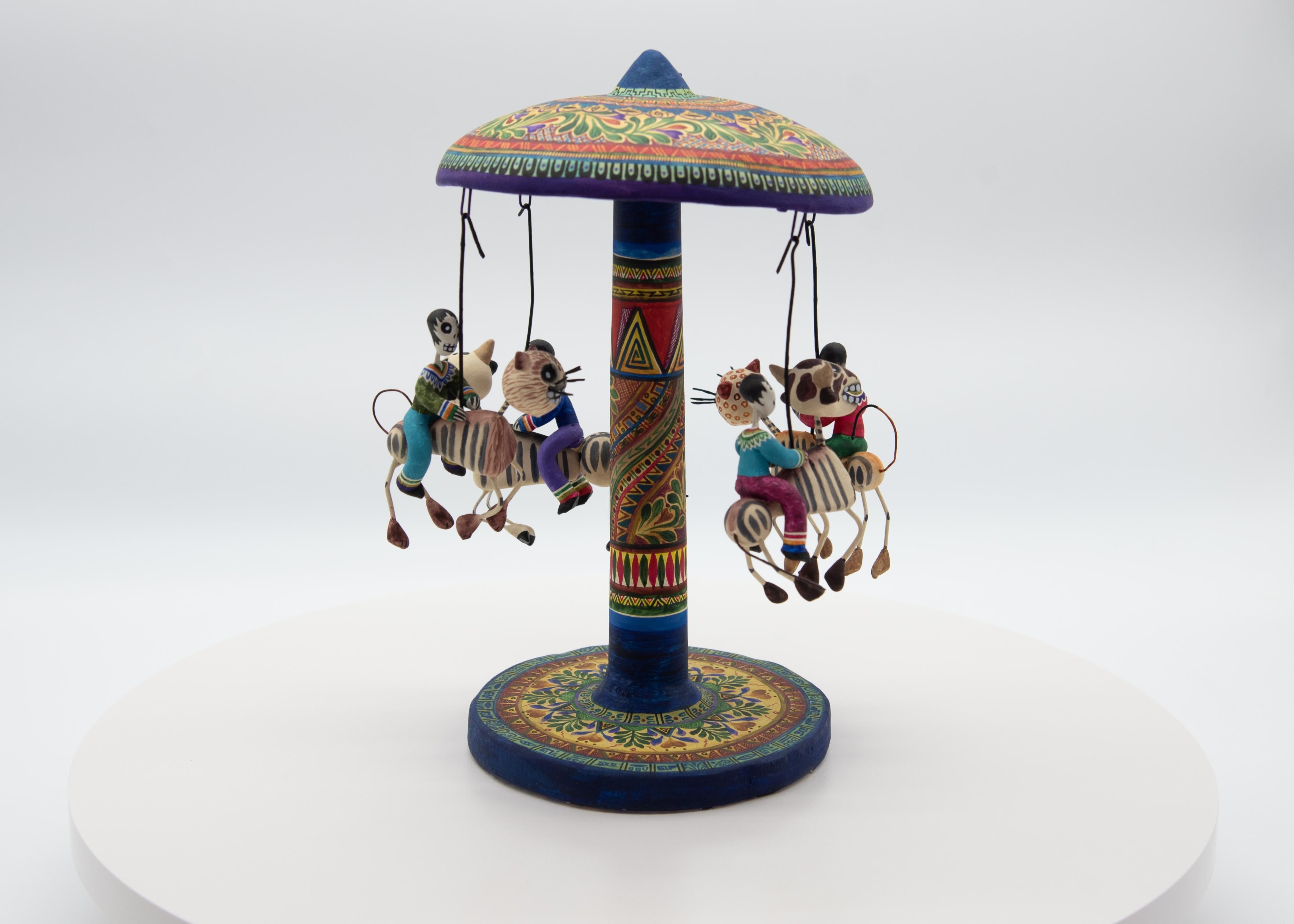 Hand-Crafted Carousel Day of the Dead Ceramic Mexican Folk Art by Familia Castillo  For Sale
