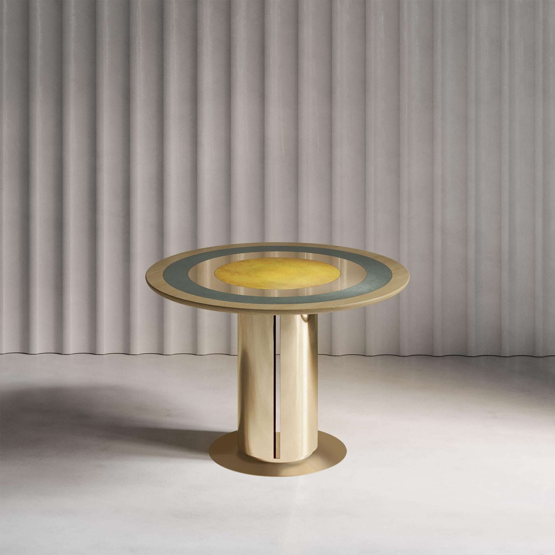 Patinated 'Carousel Dining Table Aurum' Solid Sycamore, Polished Brass Dining Table For Sale