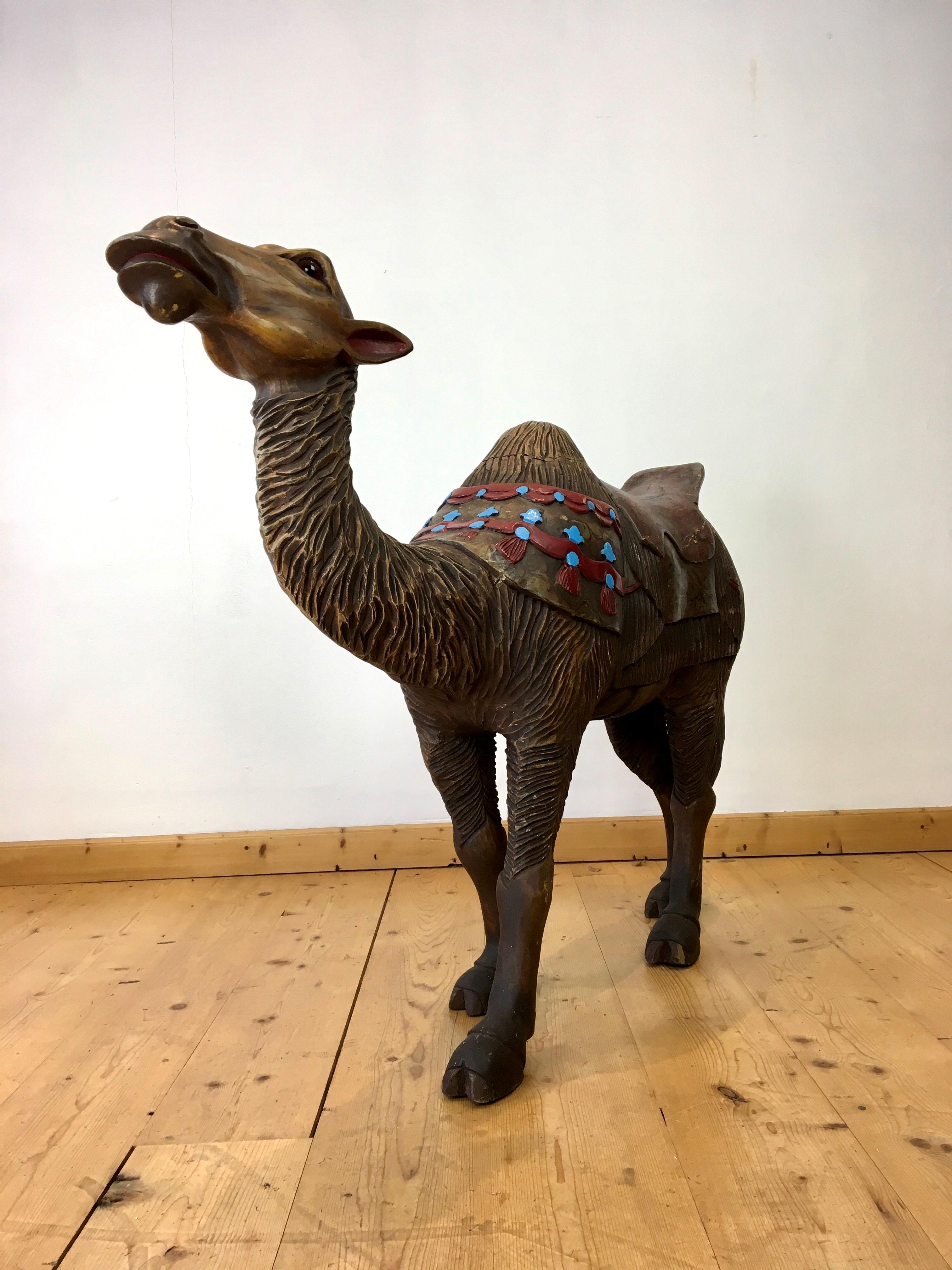 Folk Art Carousel Dromedary Camel Sculpture with Glass Eyes