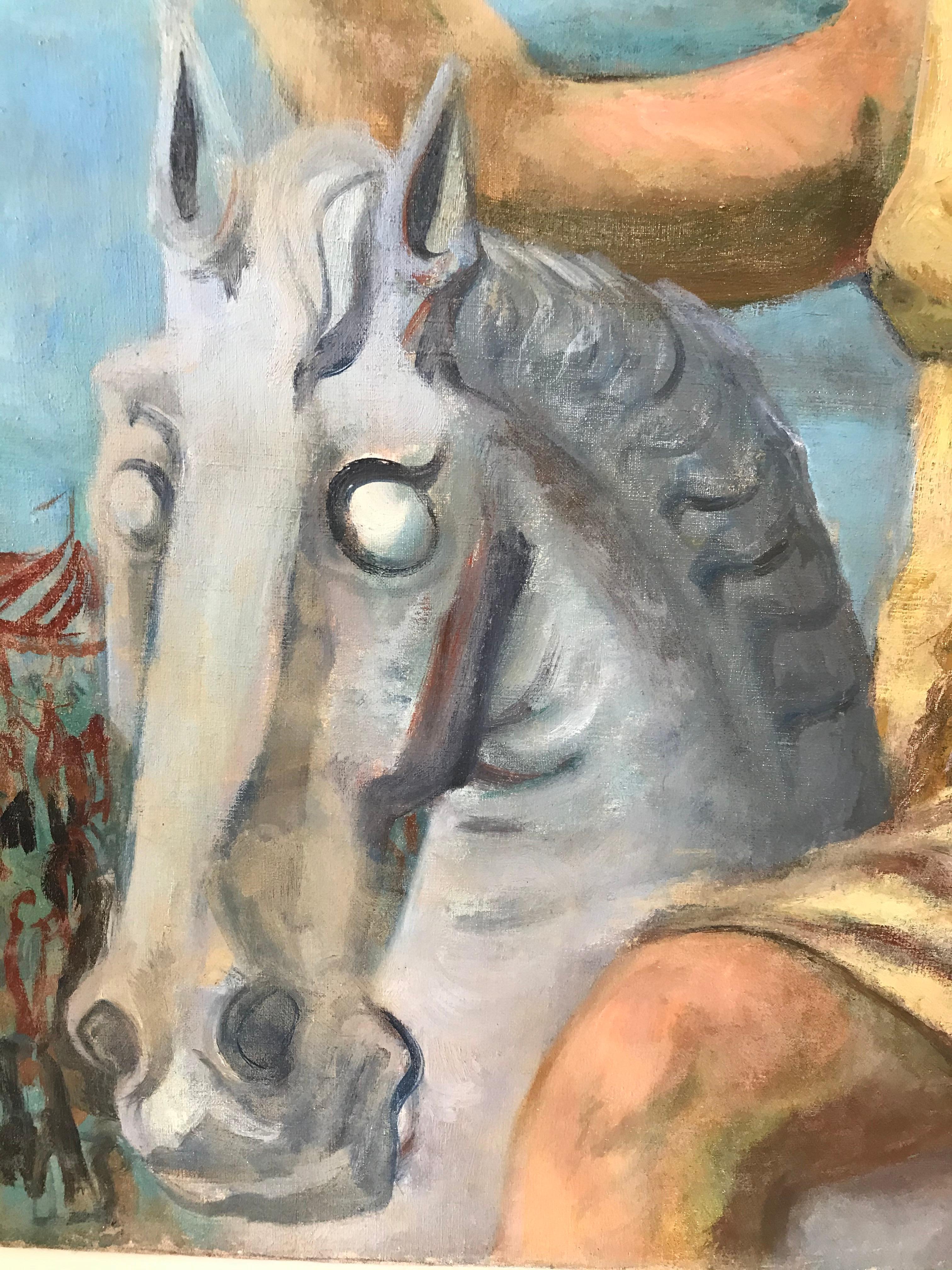 A painting of a woman riding on a carousel horse while holding out her white handkerchief to flow in the wind. 
This piece is reminiscent of a weekend at the fair or carnival, you can see a glimpse of the event in the beyond the carousel. 
Waving