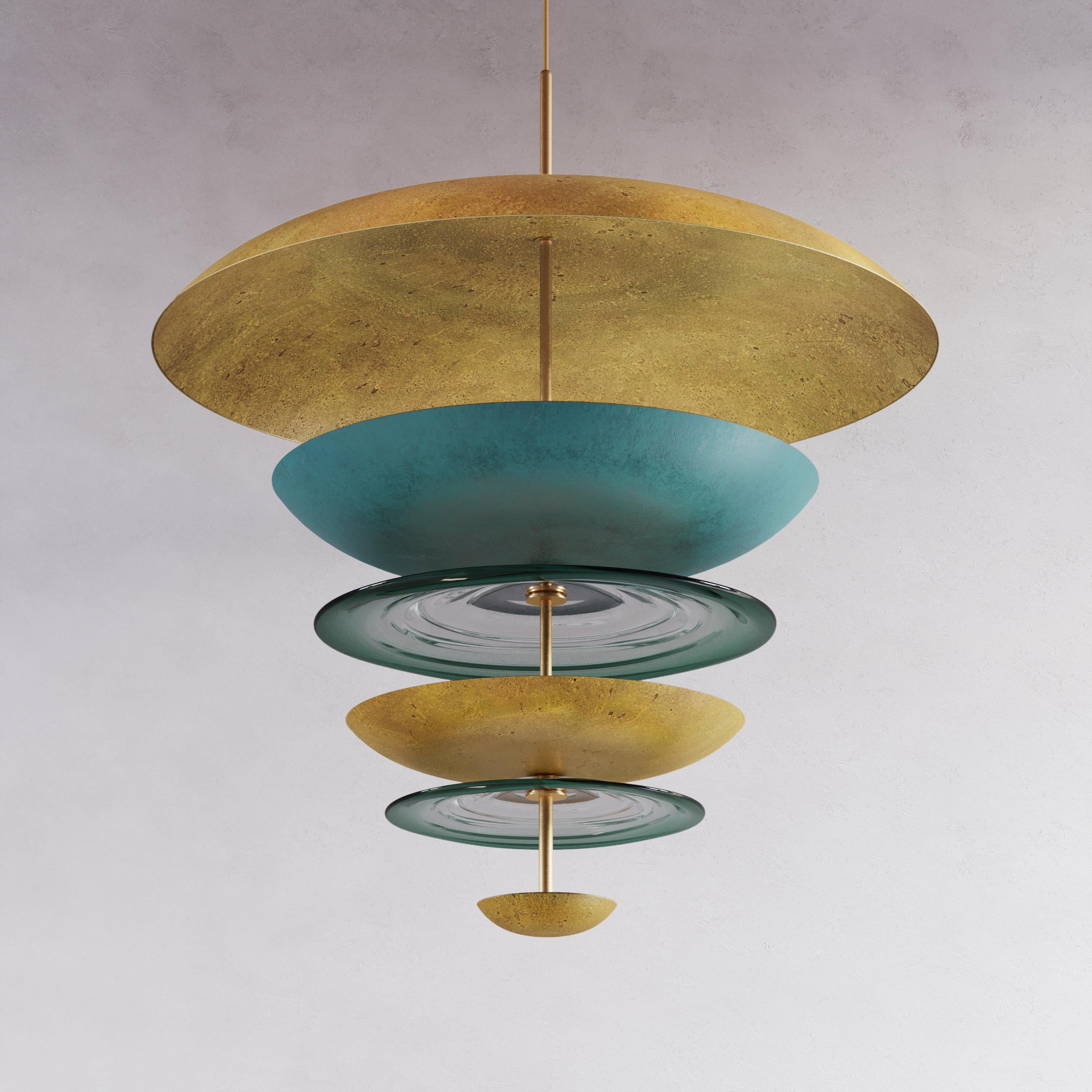 Organic Modern 'Carousel Oxidium Chandelier' Patinated Brass & Glass Ceiling Hanging Pendant For Sale
