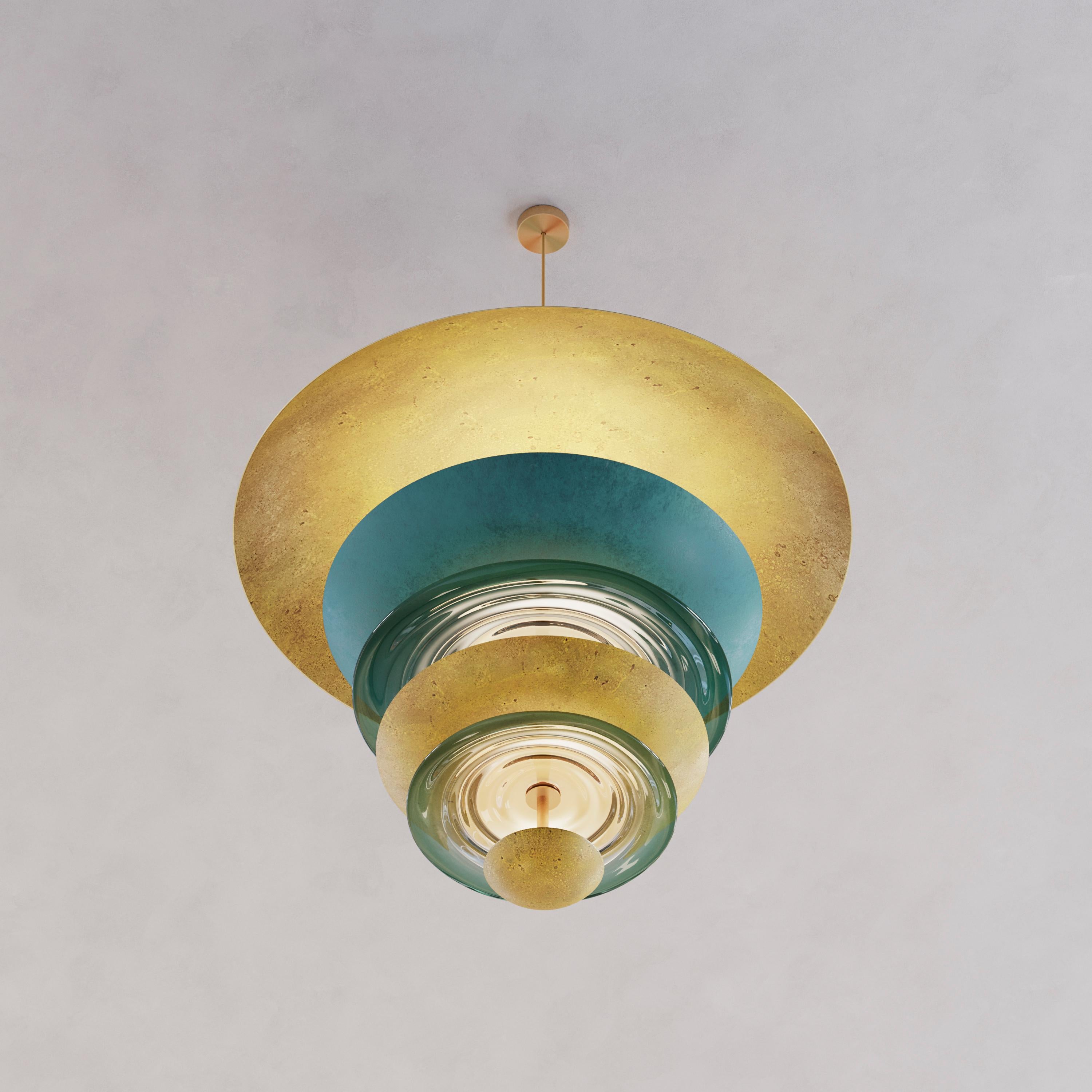 English 'Carousel Oxidium Chandelier' Patinated Brass & Glass Ceiling Hanging Pendant For Sale
