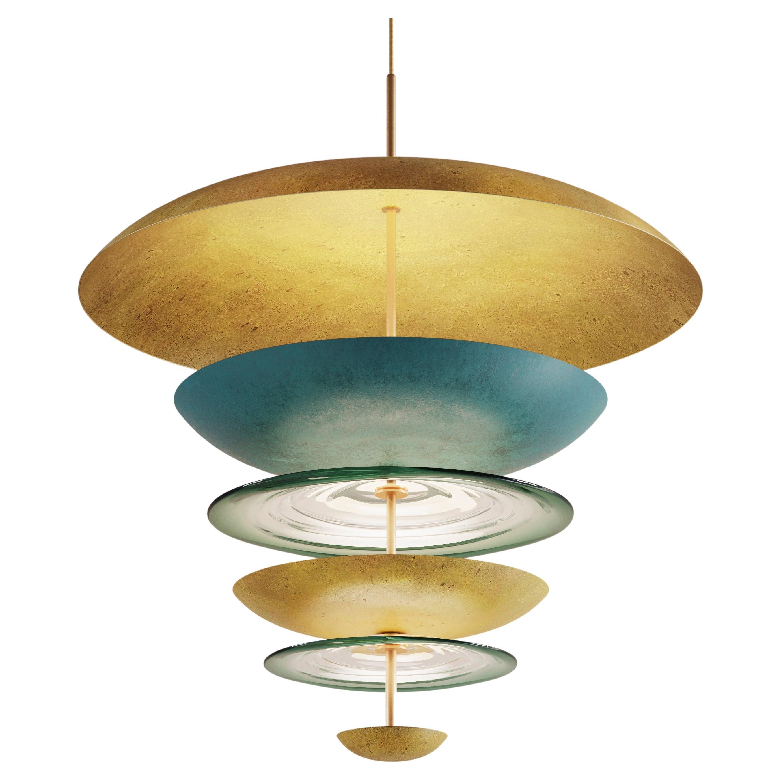 'Carousel Oxidium Chandelier' Patinated Brass & Glass Ceiling Hanging Pendant For Sale