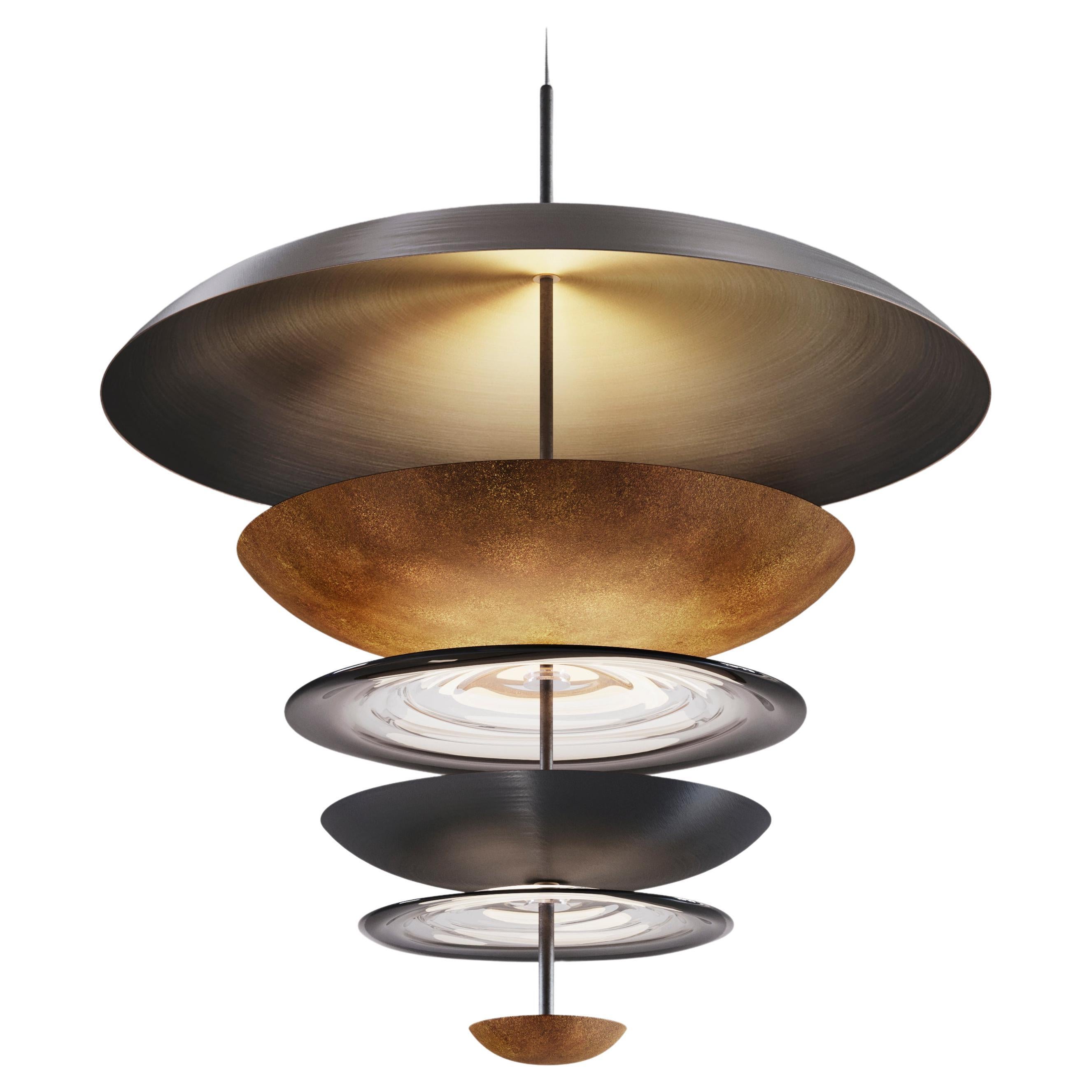 'Carousel Regolith Chandelier' Dark Bronze Patinated Brass & Glass Ceiling Light For Sale