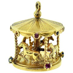 Carousel with Multi-Color Sapphires in 18 Karat Yellow Gold Charm Pendant