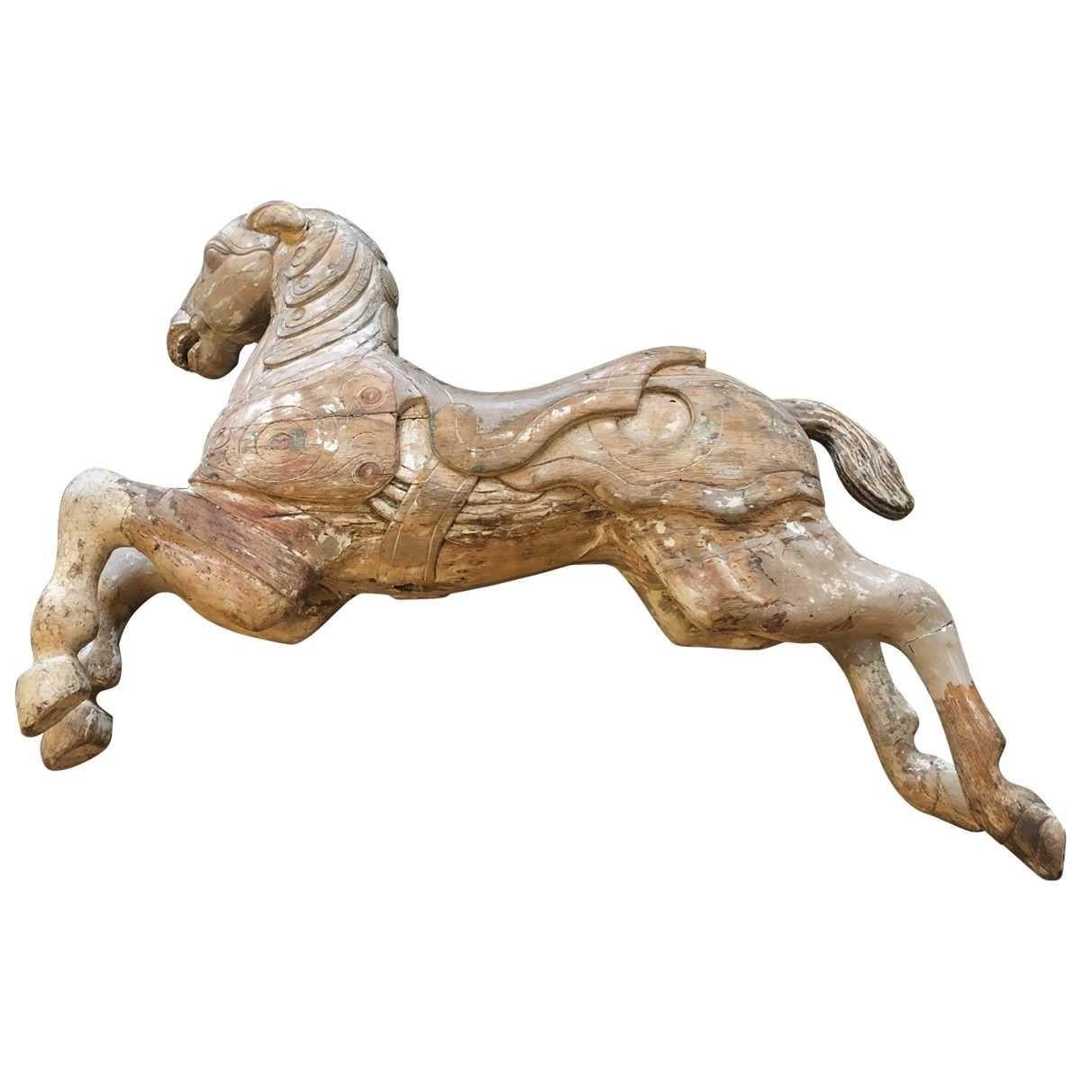 Carousel Wood Hand Carved Horse Early 20th Century on Wall Brass Base 7