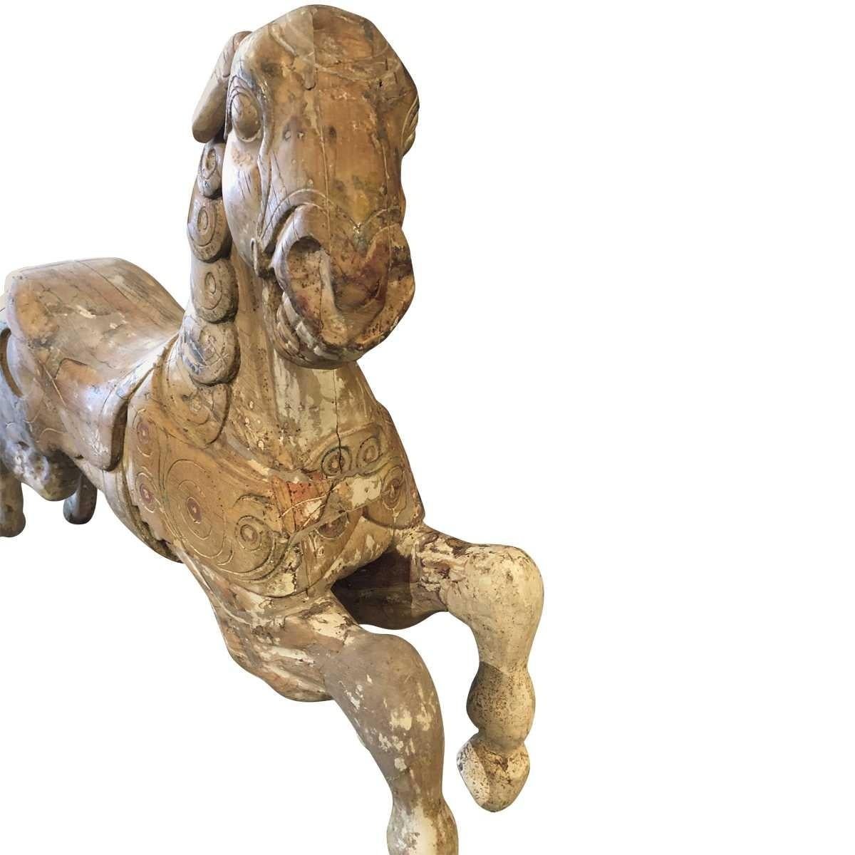Rustic Carousel Wood Hand Carved Horse Early 20th Century on Wall Brass Base