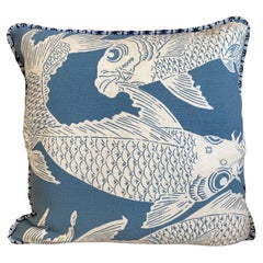 Carp Fish Cotton Linen Pillow with Raised Cotton Ticking Welt with Linen Stripe
