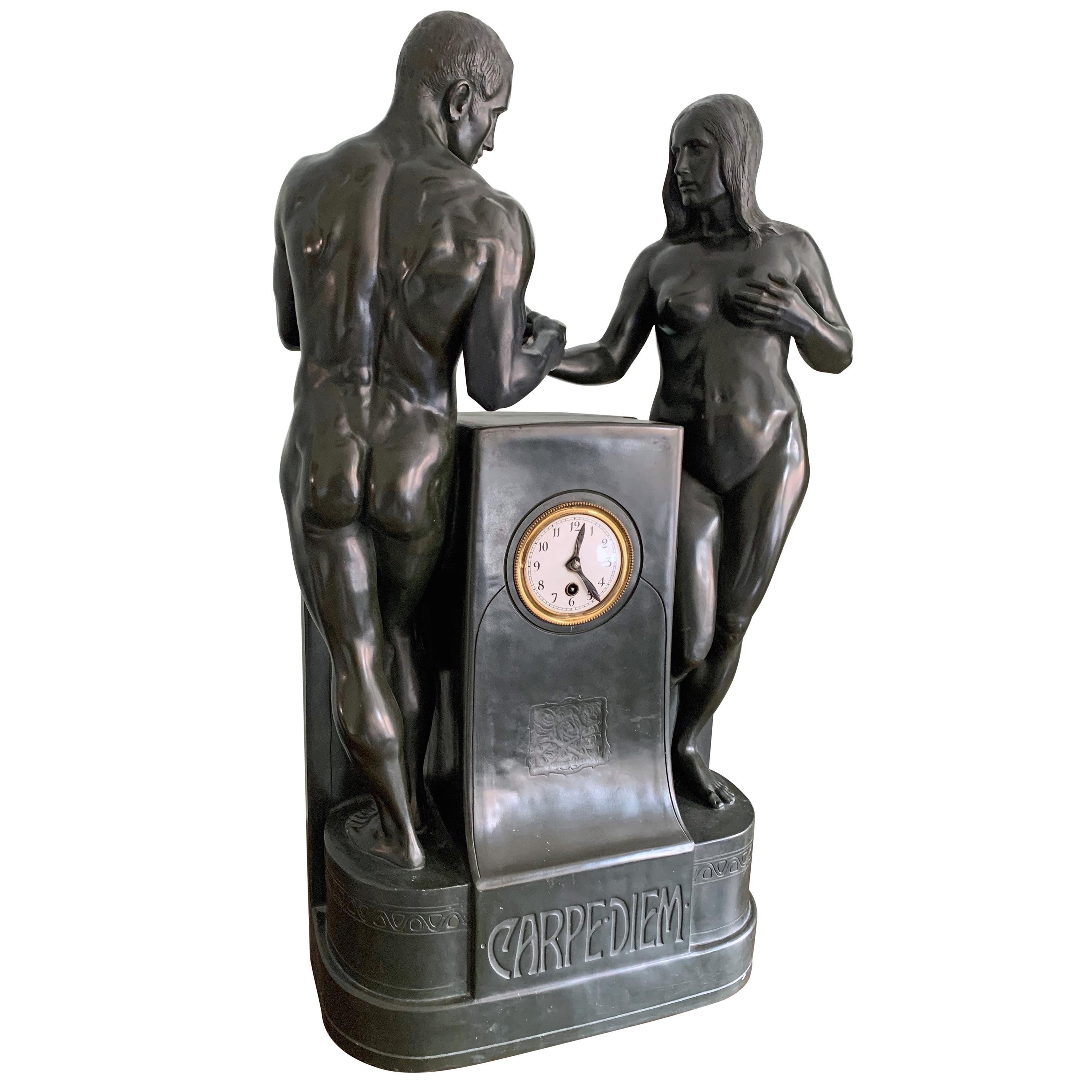 "Carpe Diem, " Jugendstil Sculpture w/ Clock, Nude Adam & Eve Theme, 34 inches  For Sale