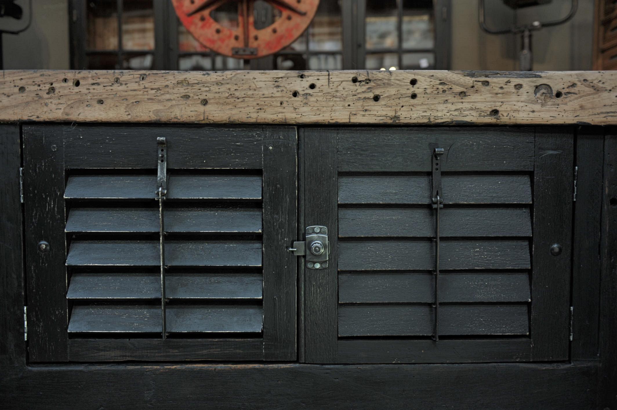 Industrial Carpenter Vice Work Bench circa 1930 with Shutter Doors