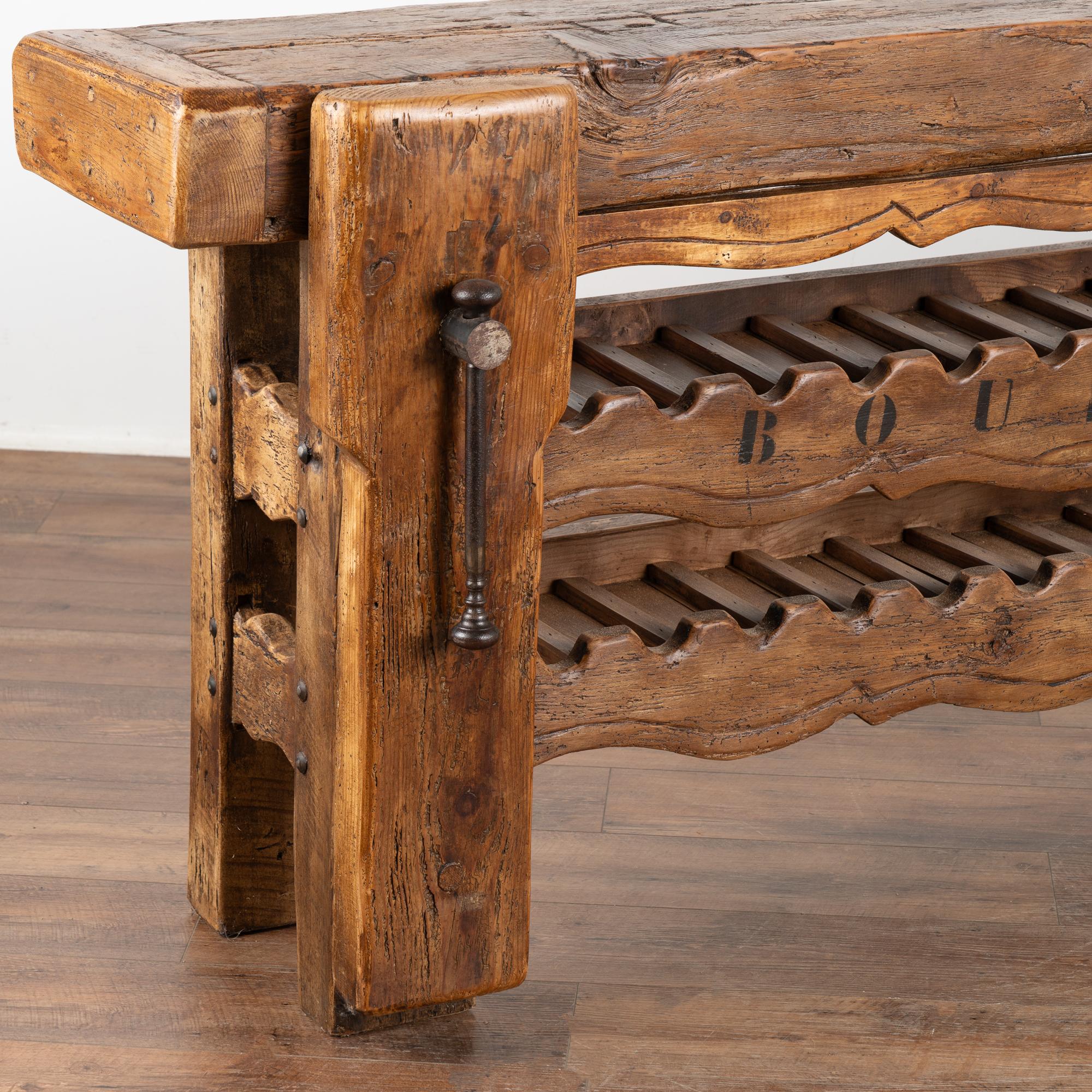French Carpenter's Workbench Console Table With Wine Rack from France, circa 1880