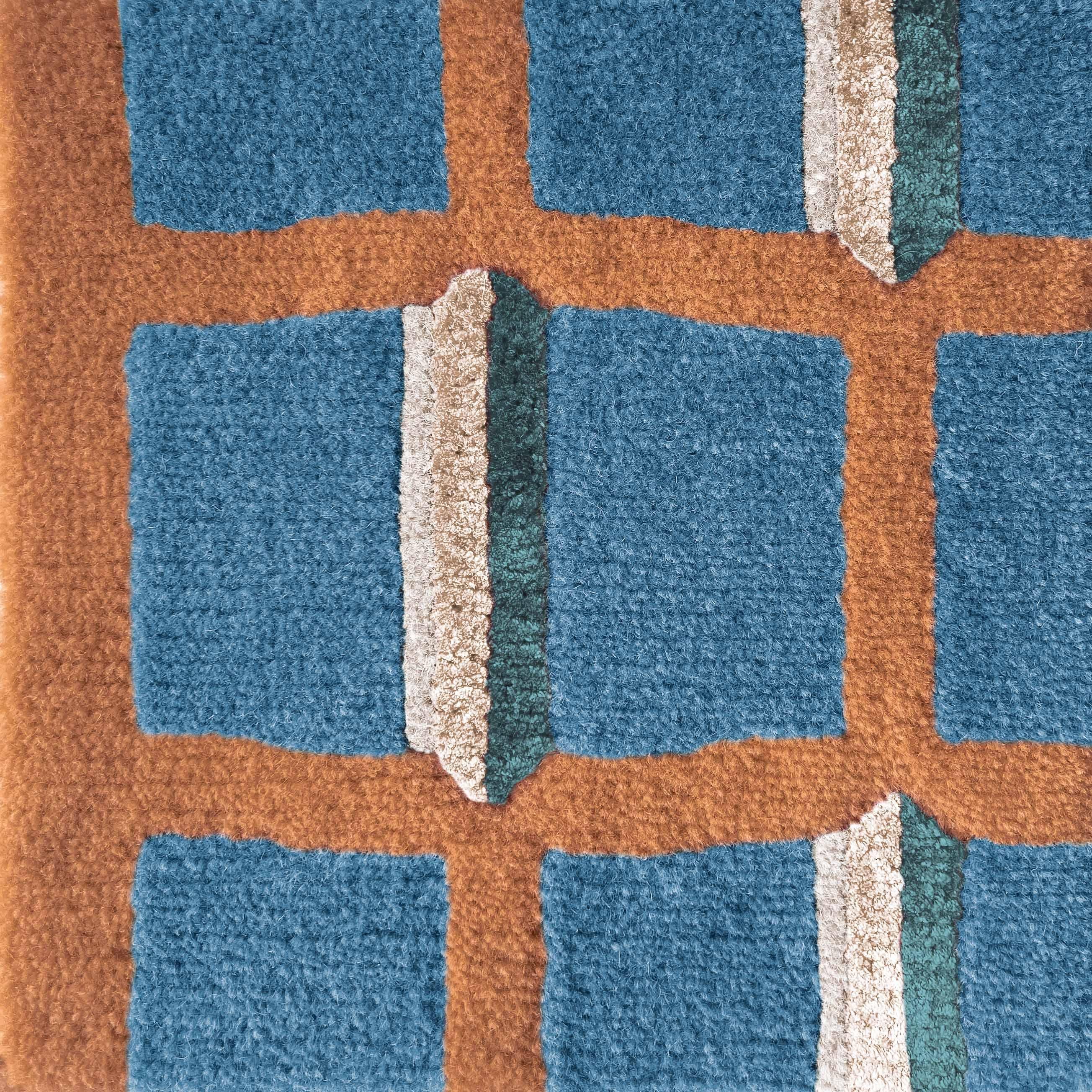 Nepalese Carpet Blue Bauhaus Mare Plaid Rectangular Wool Silk Patterned, in Stock For Sale