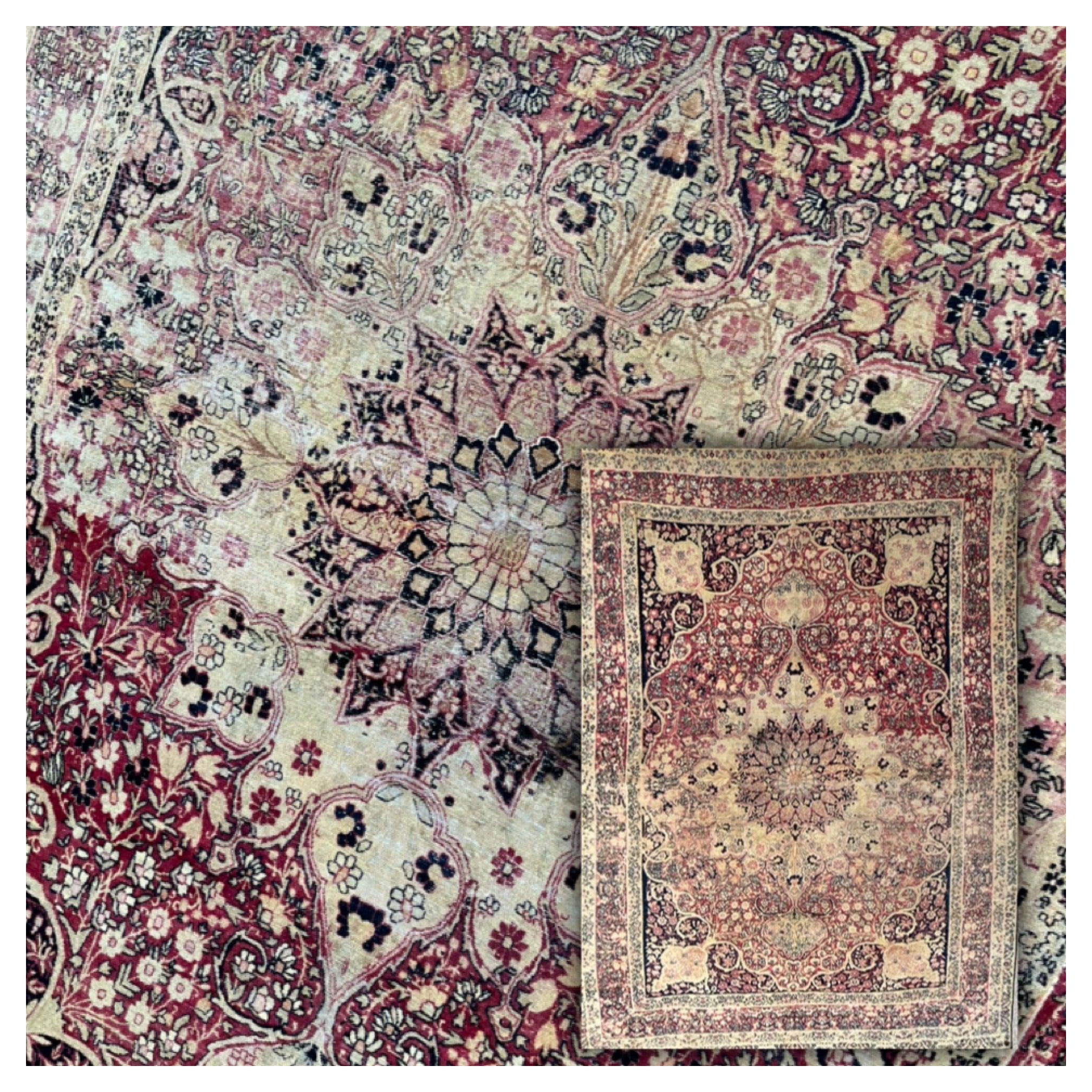 Carpet From A French Castle, Kirman Laver Old Late 19th