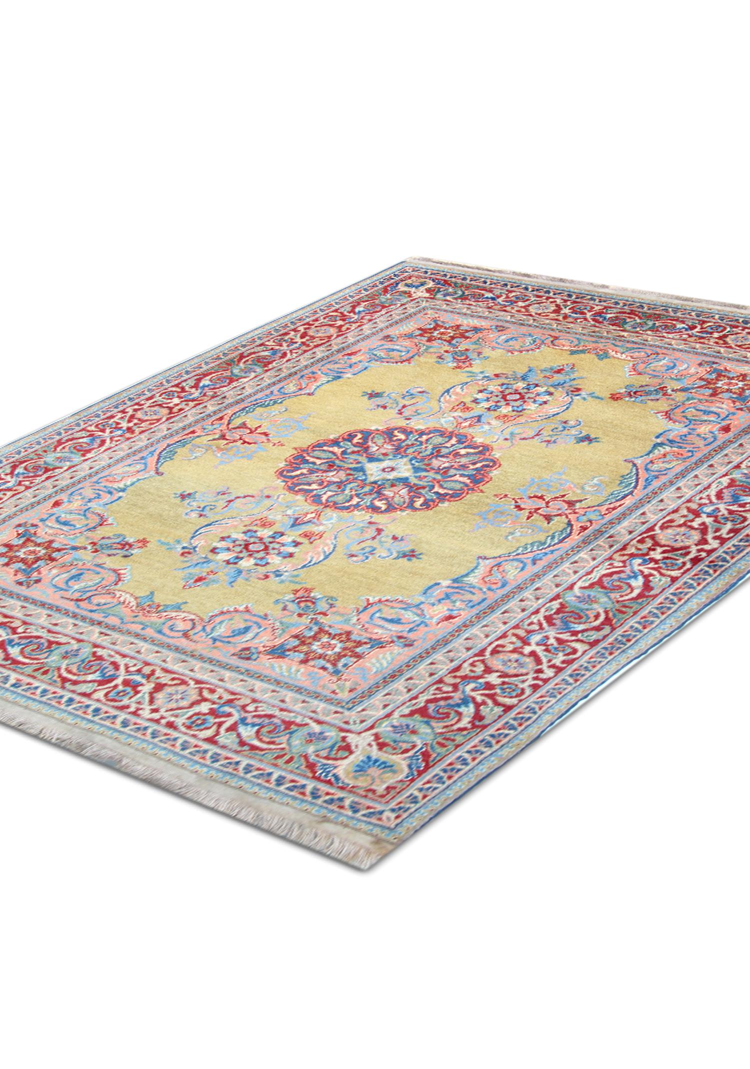 This is a fine example of an Antique rugs woven circa 1890. This wool rug is in excellent condition. Featuring a central medallion design woven on a yellow/beige field in accents of pink and blue. The stunning contrast in colour and intricately