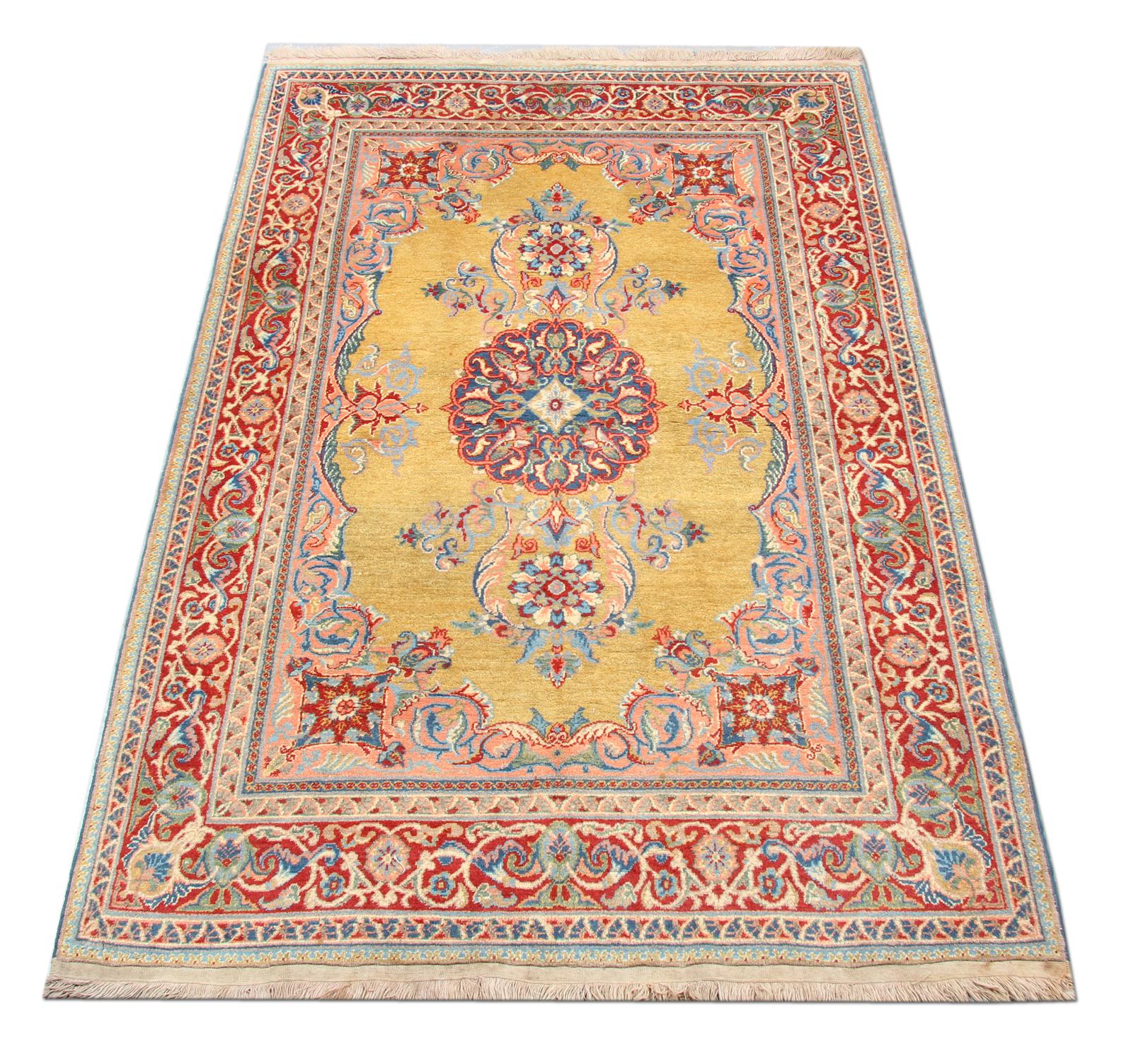 Azerbaijani Carpet Handmade Antique Rug Oriental Mustard Yellow Wool Rug For Sale
