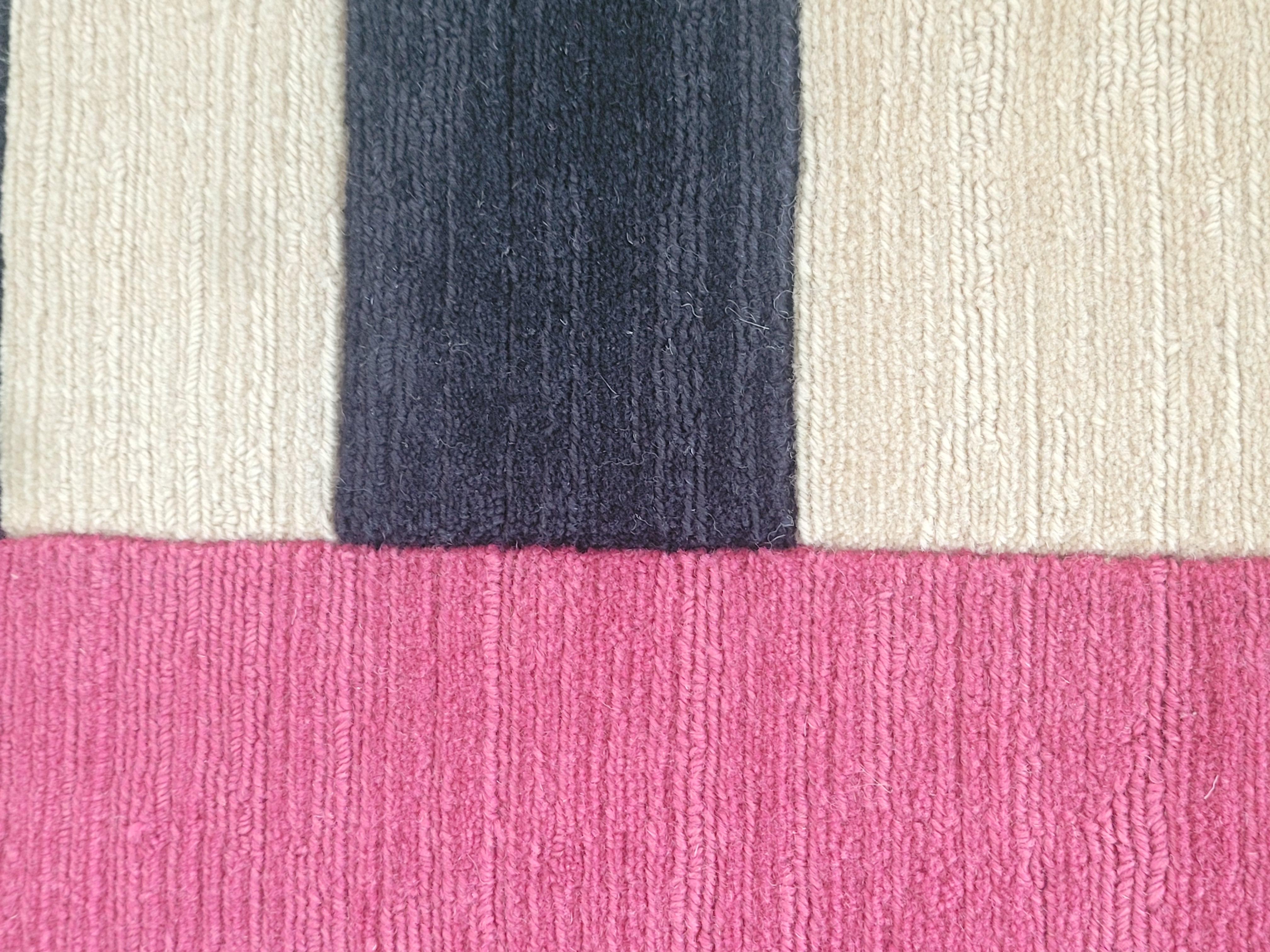 Scandinavian Modern  carpet pink and black lines through an earthen beige background, hand woven rug For Sale