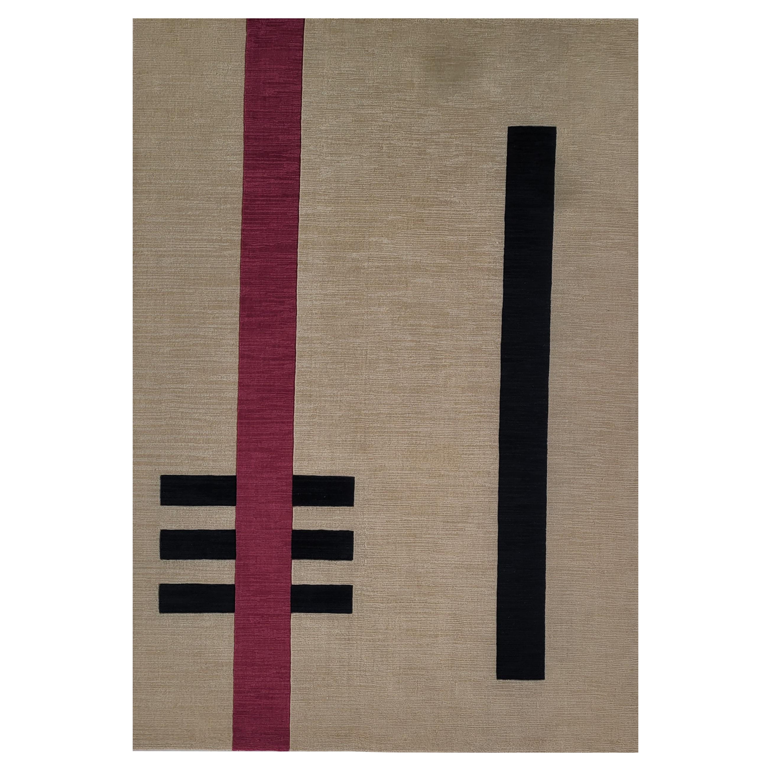 Tapis tissé à la main, lignes roses et noires sur un fond beige terreux