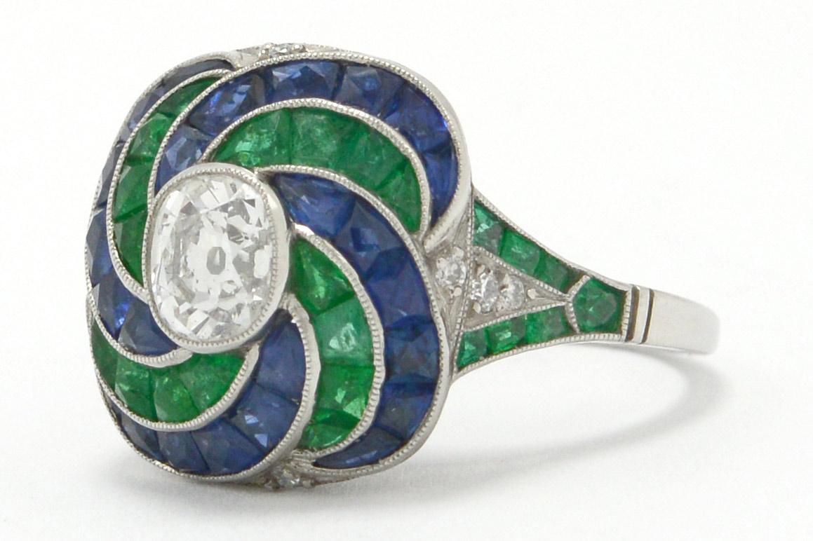 Antique Old Mine Diamond Emerald Sapphire Dome Engagement Ring In New Condition For Sale In Santa Barbara, CA