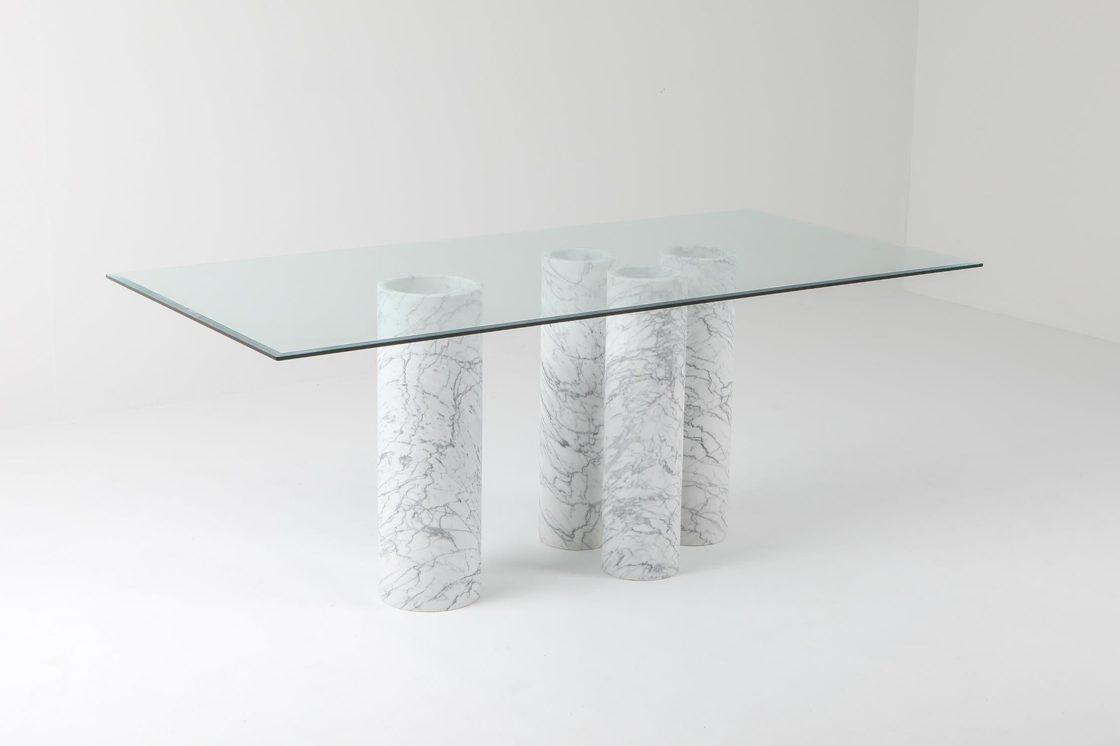 Post-Modern Carrara 'Collonato' Table with Glass Top in the Style of Mario Bellini