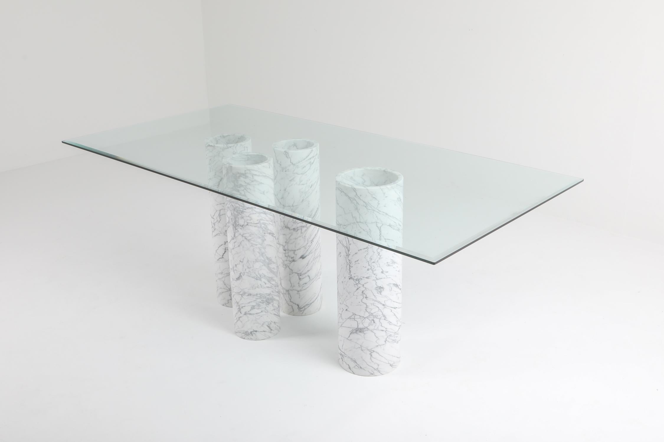 European Carrara 'Collonato' Table with Glass Top in the Style of Mario Bellini