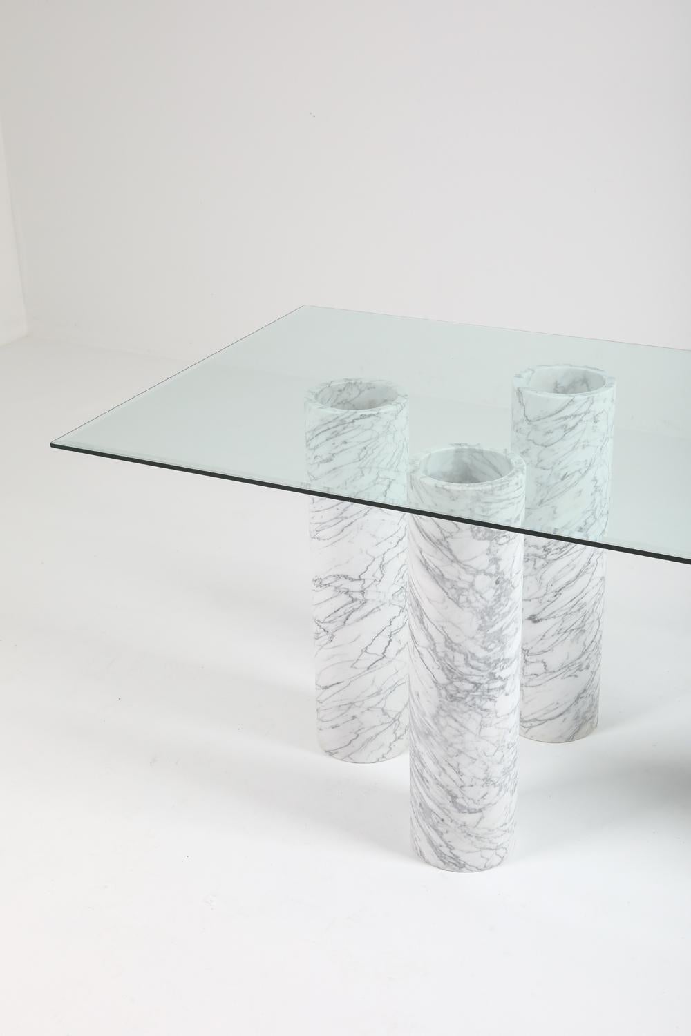 Carrara 'Collonato' Table with Glass Top in the Style of Mario Bellini 3