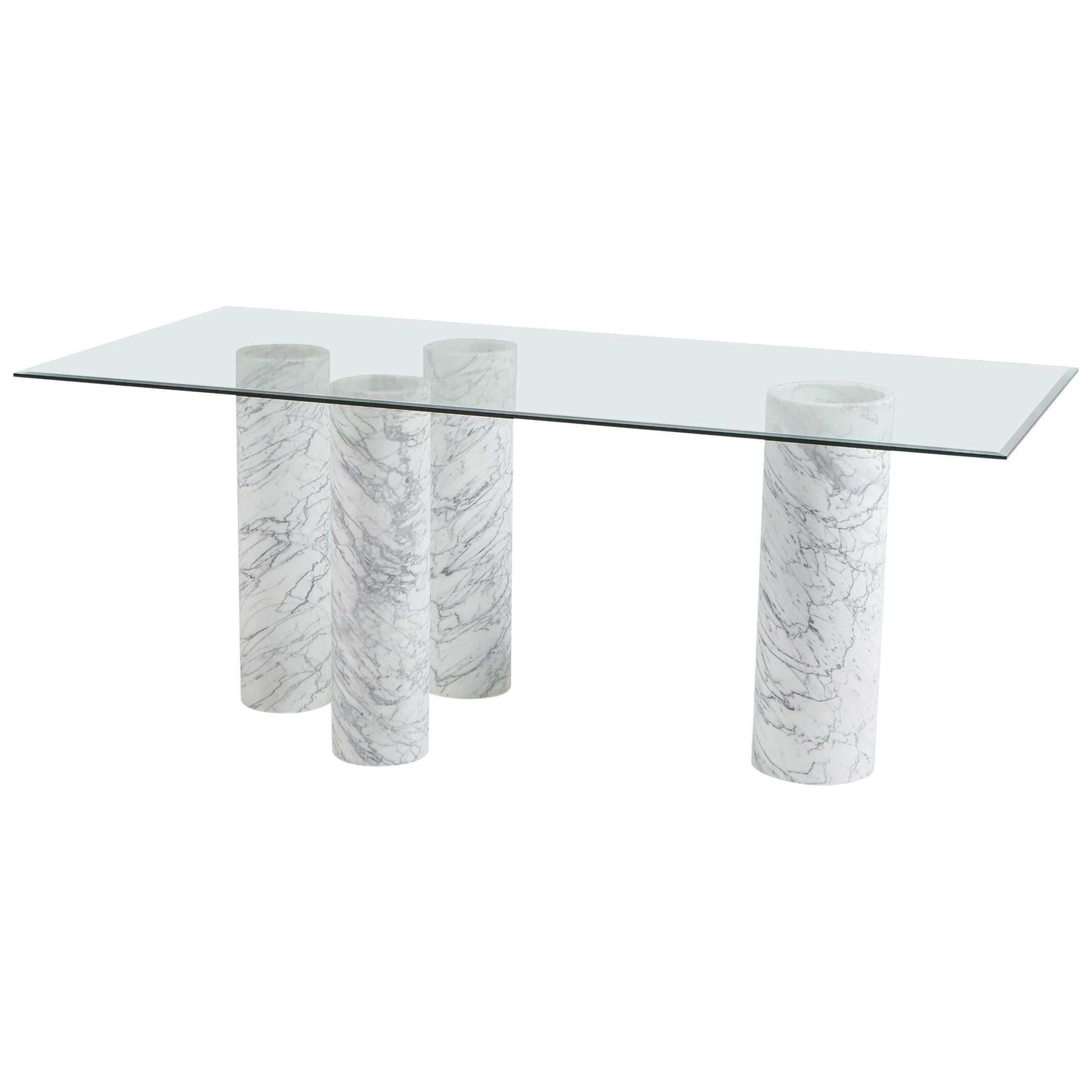 Carrara 'Collonato' Table with Glass Top in the Style of Mario Bellini