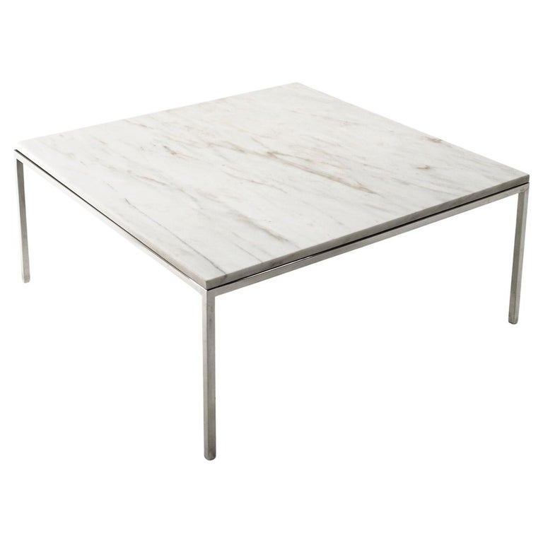 Carrara Marble and Chrome Coffee Table in the Style of Florence Knoll For Sale