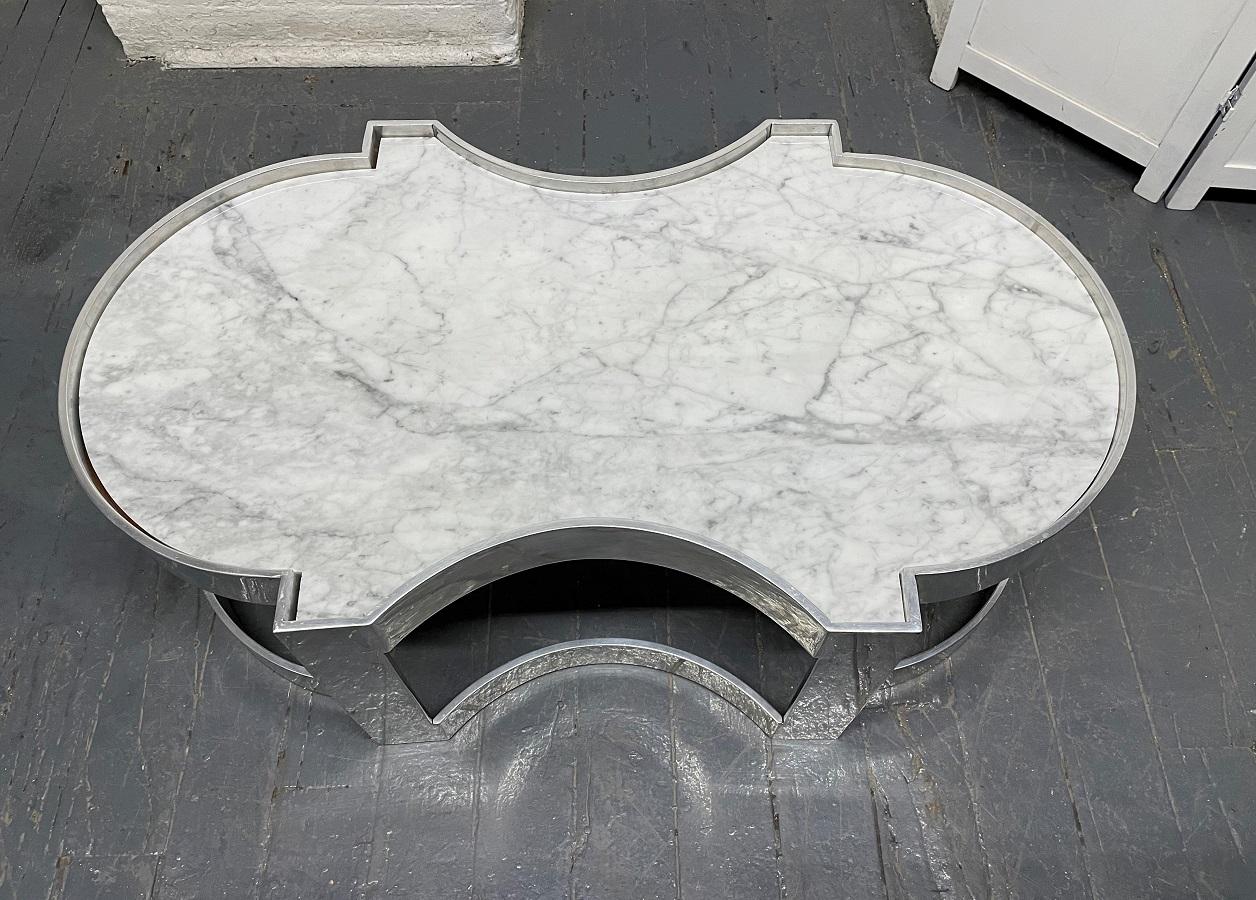 Modern Carrara Marble and Chrome Two-Tier Coffee Table For Sale